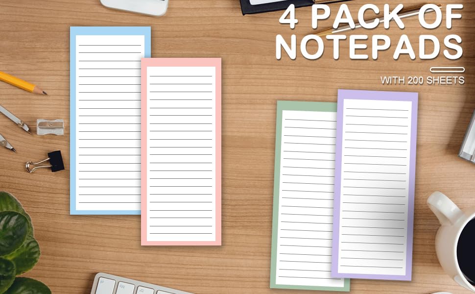 4 Pack Magnetic Notepads for Refrigerator - 200 Sheets with Full Magnet Back - Grocery Shopping List Pads - Perfect for Kitchen, Office & Home Organization