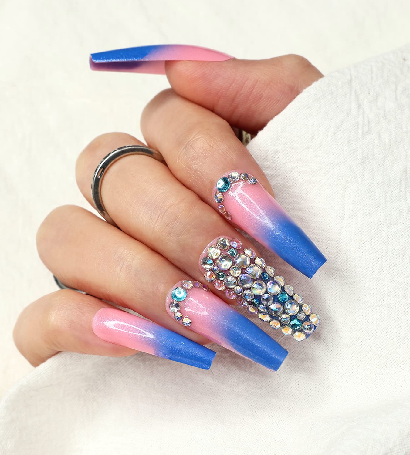 Artquee Blue Ombre Press on Nails - Long Ballerina False Nails with 3D Rhinestones Design, Glossy Coffin Fake Nails for Women, 24pcs Nail Kit in 12 Sizes | Perfect for Parties, Weddings & Special Occasions