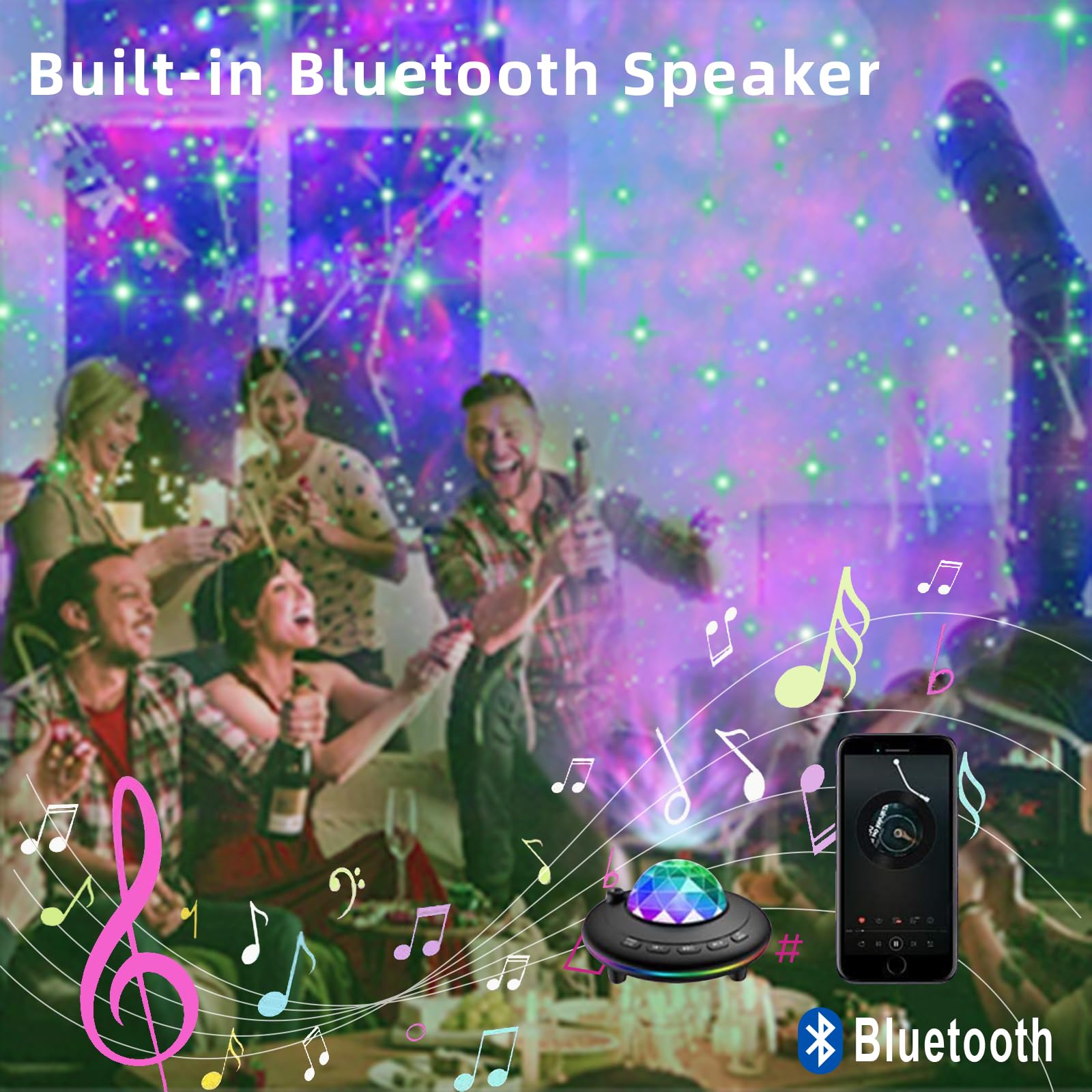 Galaxy Projector Star Night Light with Ocean Wave Effect, Bluetooth Music, Remote Control & Timer - Color Changing LED Lamp for Kids & Adults Bedroom, Party, Birthday, Relaxation & Meditation