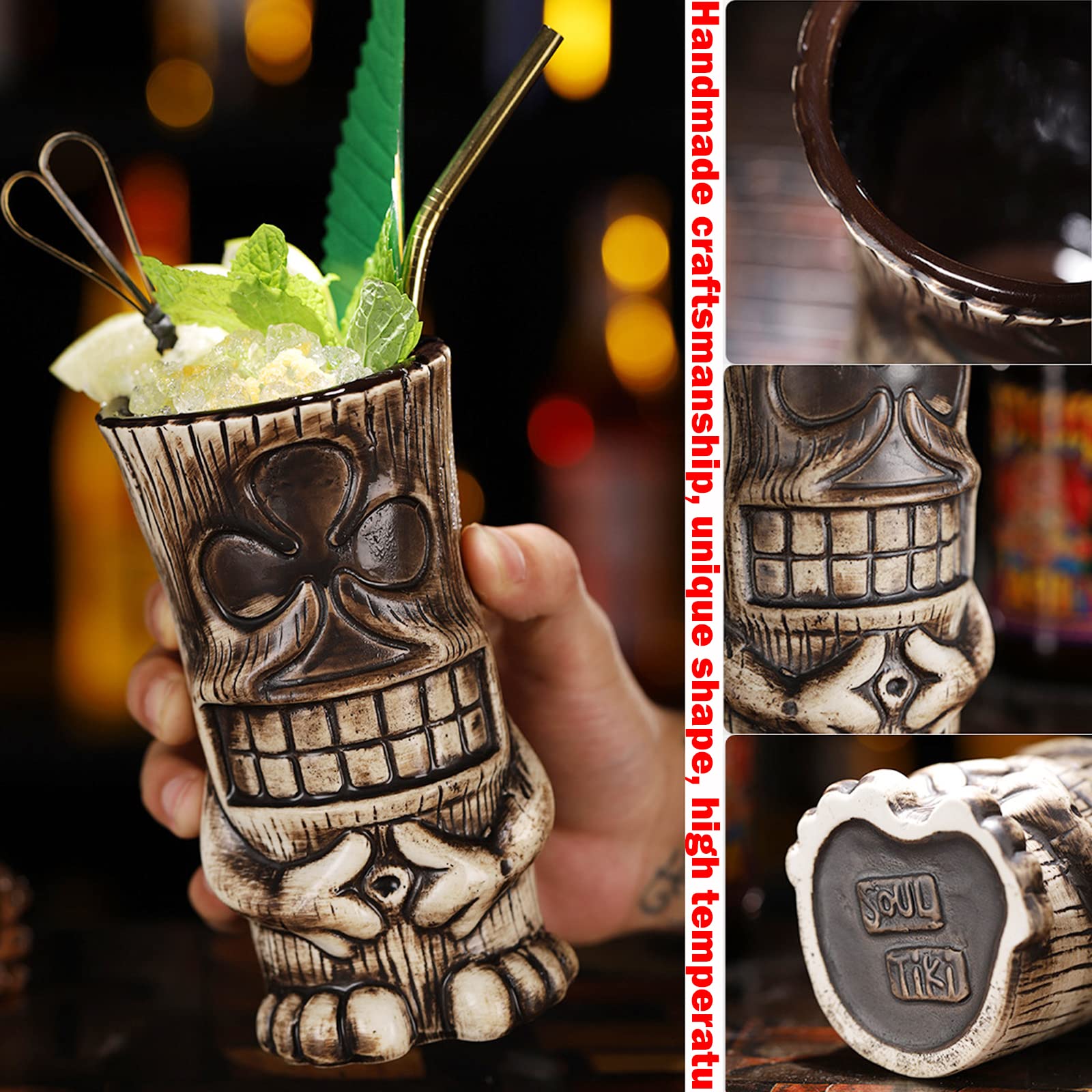 Premium 6-Piece Tiki Mug Set - Tropical Cocktail Glasses for Exotic Drinks | Hawaiian Party Bar Accessories for Luau, Themed Events & Home Decor