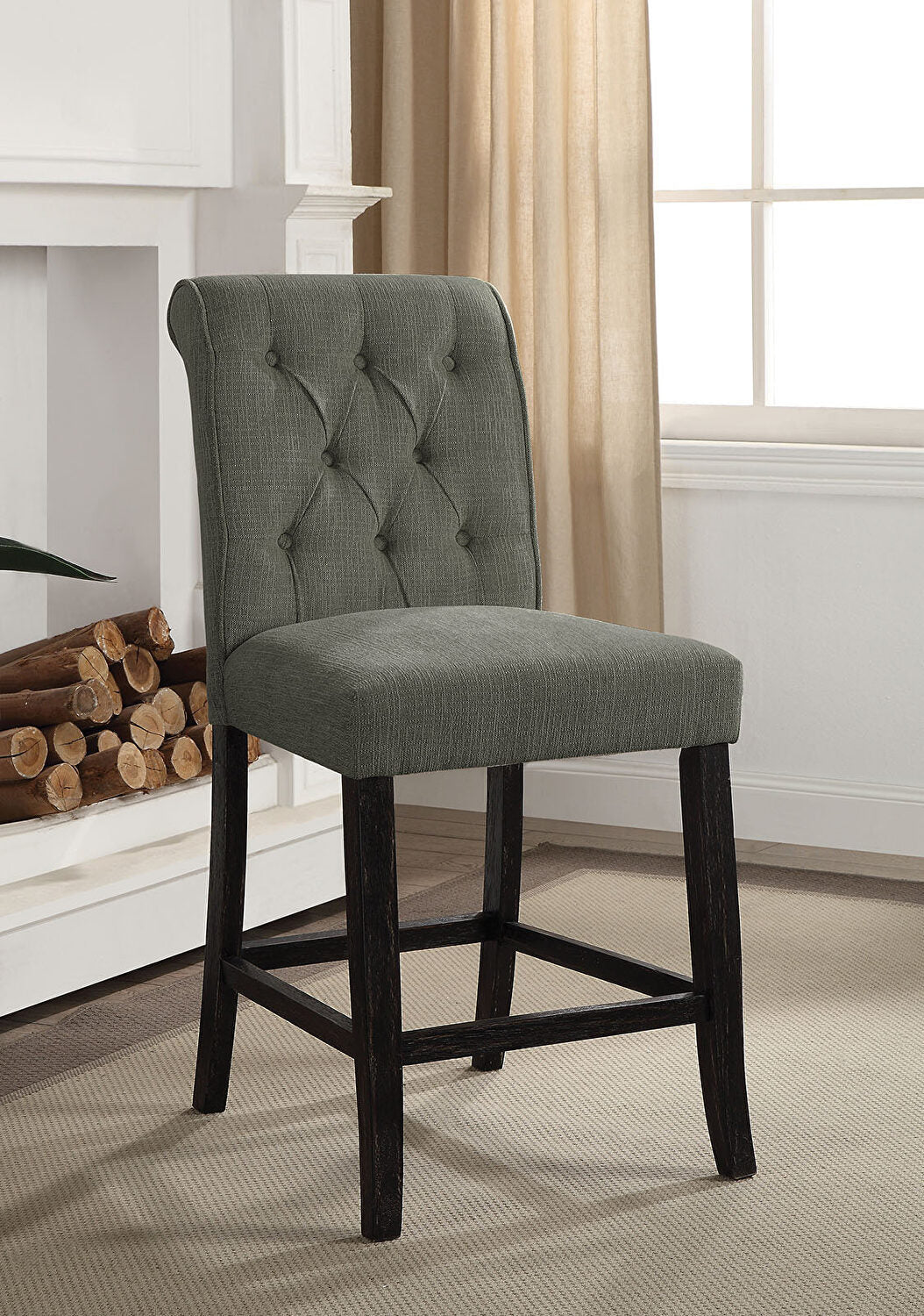 Rustic Dining Room Furniture Set of 2 Counter Height Chairs - Grey Chenille Upholstered Tufted Kitchen & Breakfast Stools for Bar Counter or Island Use