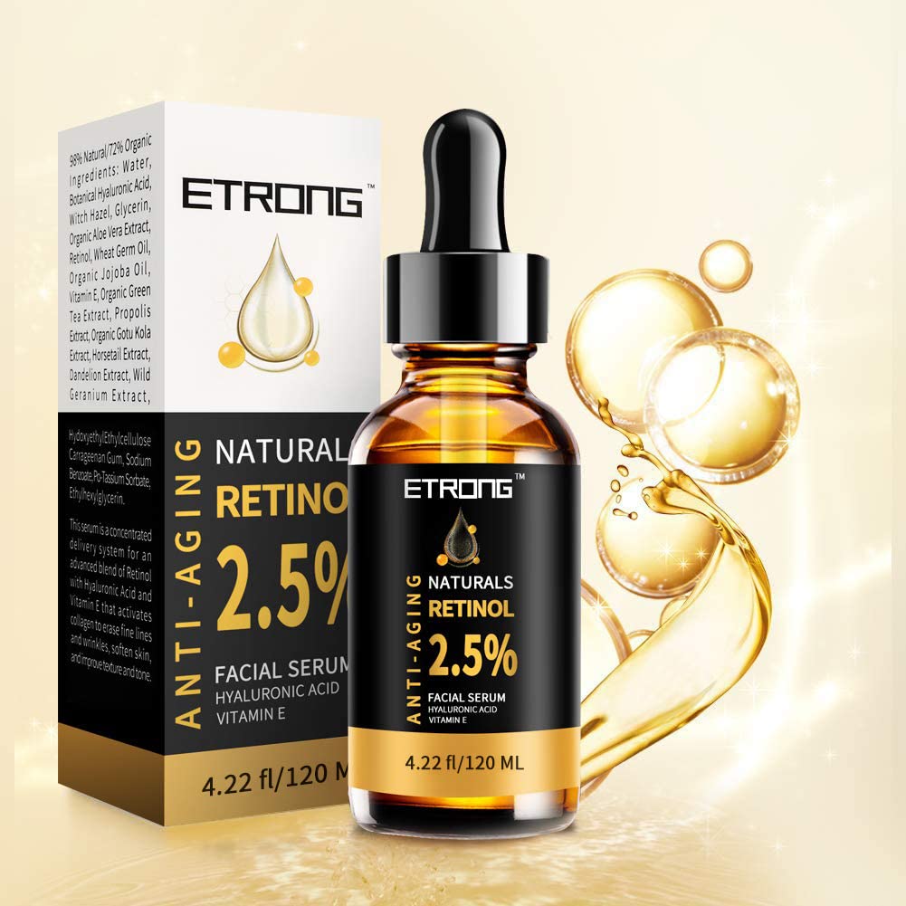 ETRONG 2.5% Retinol Serum for Face - Anti-Aging Treatment with Hyaluronic Acid & Vitamin E - Fights Wrinkles, Acne & Dark Spots (120ml) - Perfect for Nighttime Skincare Routine & Sensitive Skin Care