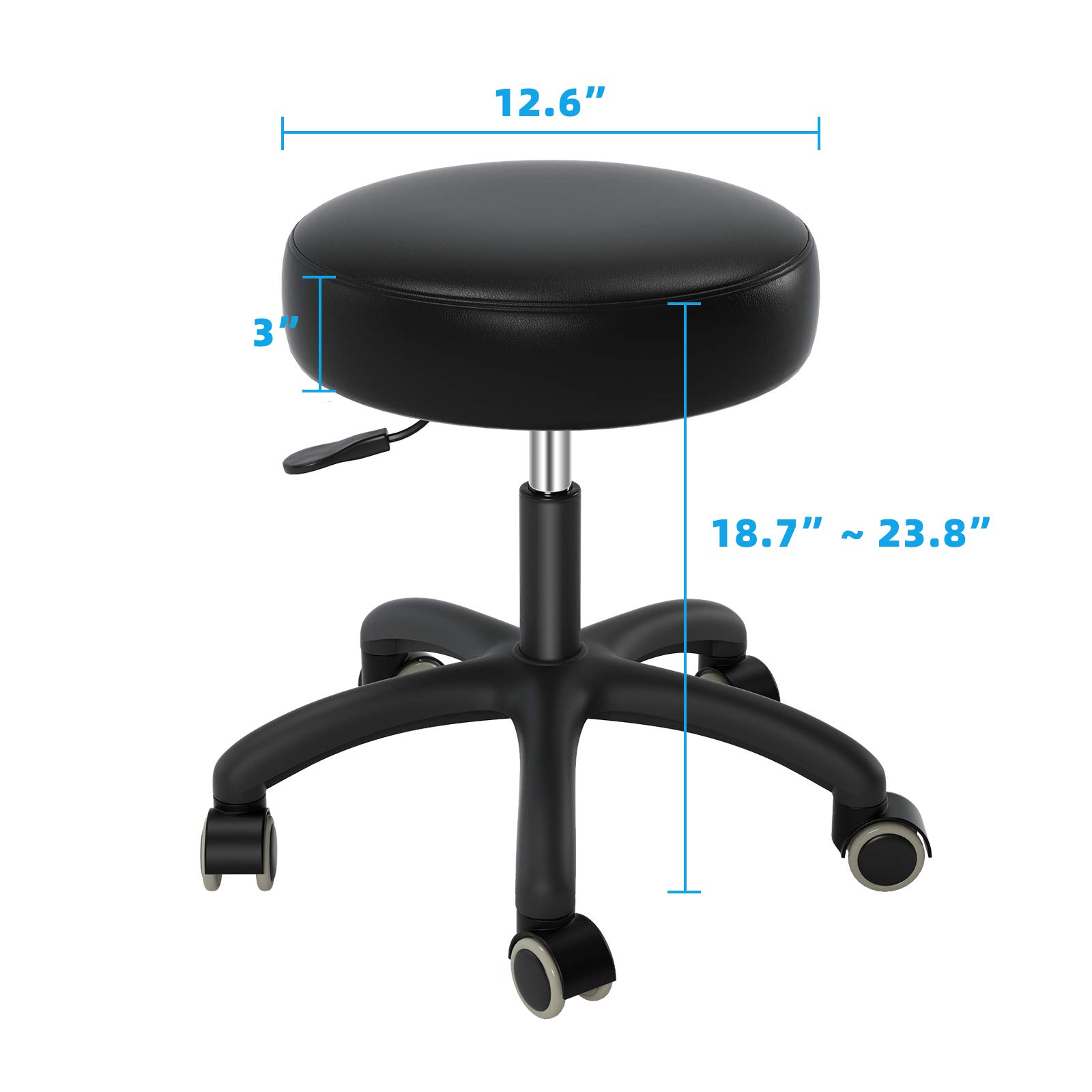 Professional Salon Rolling Stool with Wheels - Heavy Duty Adjustable Lash Chair for Tattoo, Massage, Nail Salon & Spa - 360° Swivel Leather Stool with Thick Padding - Black - Perfect for Beauty Professionals, Artists & Classroom Teaching