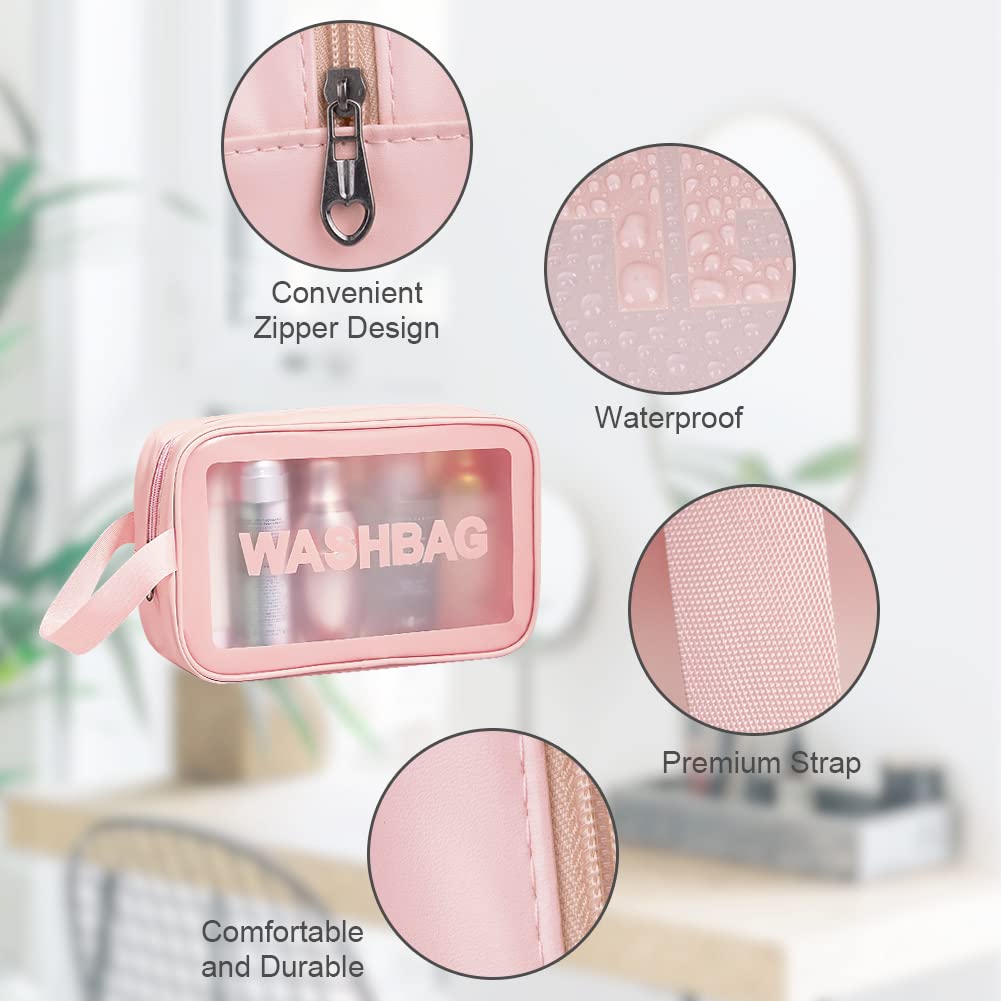 5PCS Clear Toiletry Bags for Travel - Waterproof PU Makeup Organizer with Zipper Handle, TSA Approved Cosmetic Bag for Airport Security - Perfect for Bathroom Essentials, Men & Women (Pink) - Ideal for Vacation, Business Trips & Gym Use