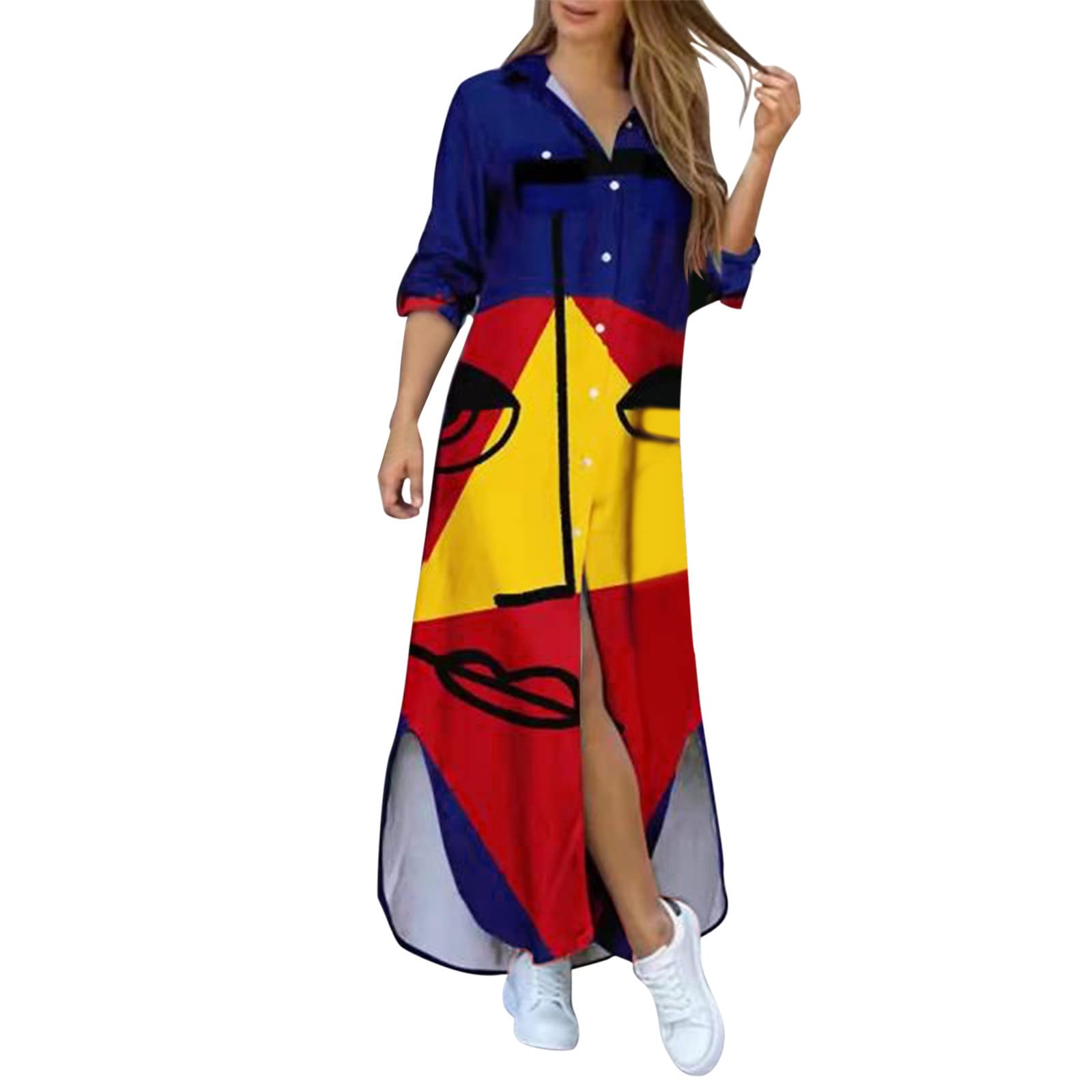 Pinkpaopao Women's Long Sleeve Beach Dress - Flowy Elegant Swing Dress for Spring Summer, Casual Boho Maxi Dress with Side Slits | Perfect for Vacations, Beach Outings & Boho Chic Style