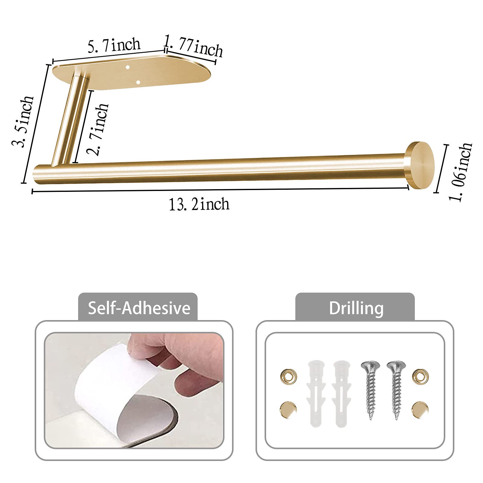 Stainless Steel Under Cabinet Paper Towel Holder - Wall Mount Kitchen & Bathroom Towel Rack for Jumbo Rolls - Self Adhesive Farmhouse Accessories (Gold, SUS 304) - Perfect for Kitchen, Bathroom & RV Organization
