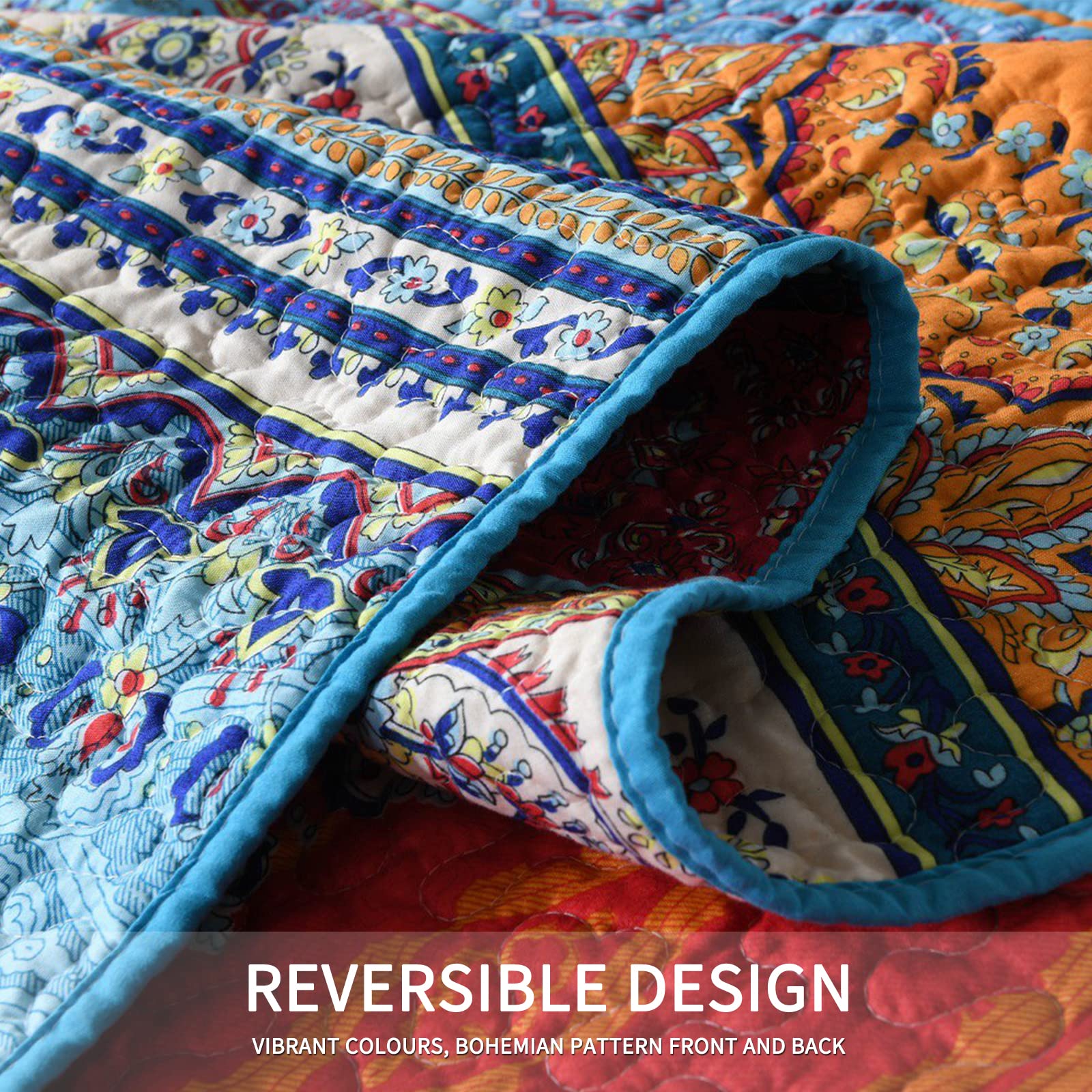 Soft Microfiber Reversible Bohemian Quilt Throw Blanket - Red Blue Striped Boho Design for Twin Bed & Couch - 50