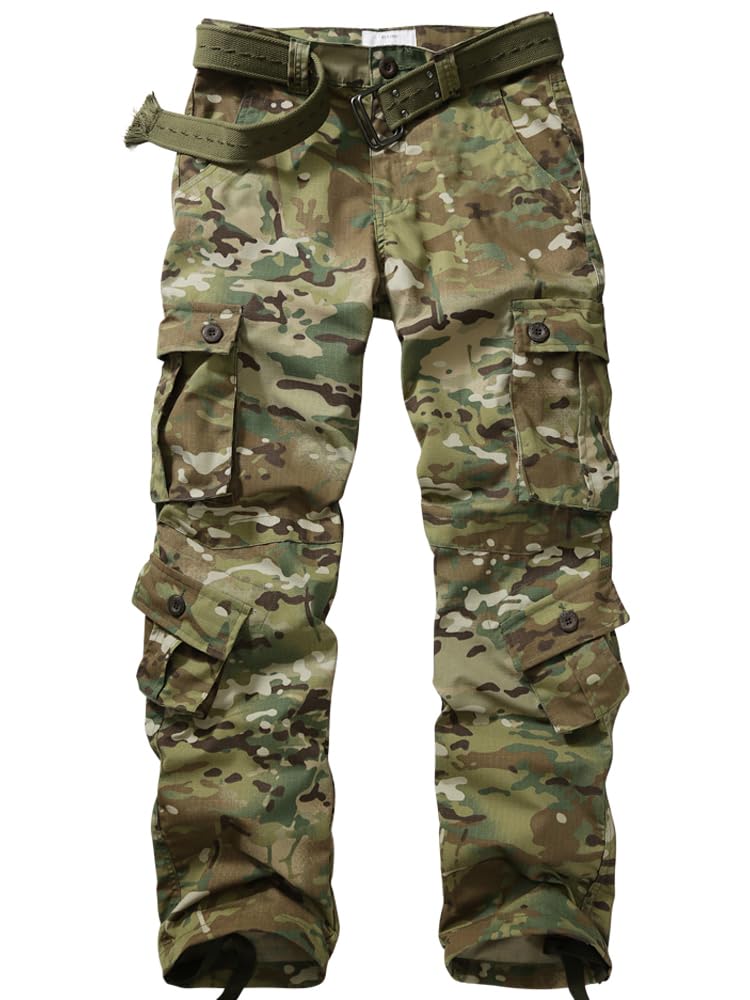 AKARMY Men's Ripstop Cargo Pants - Military Camo Tactical Hiking Pants with 8 Pockets, Relaxed Fit for Outdoor Adventures, Work & Casual Wear (No Belt Included)