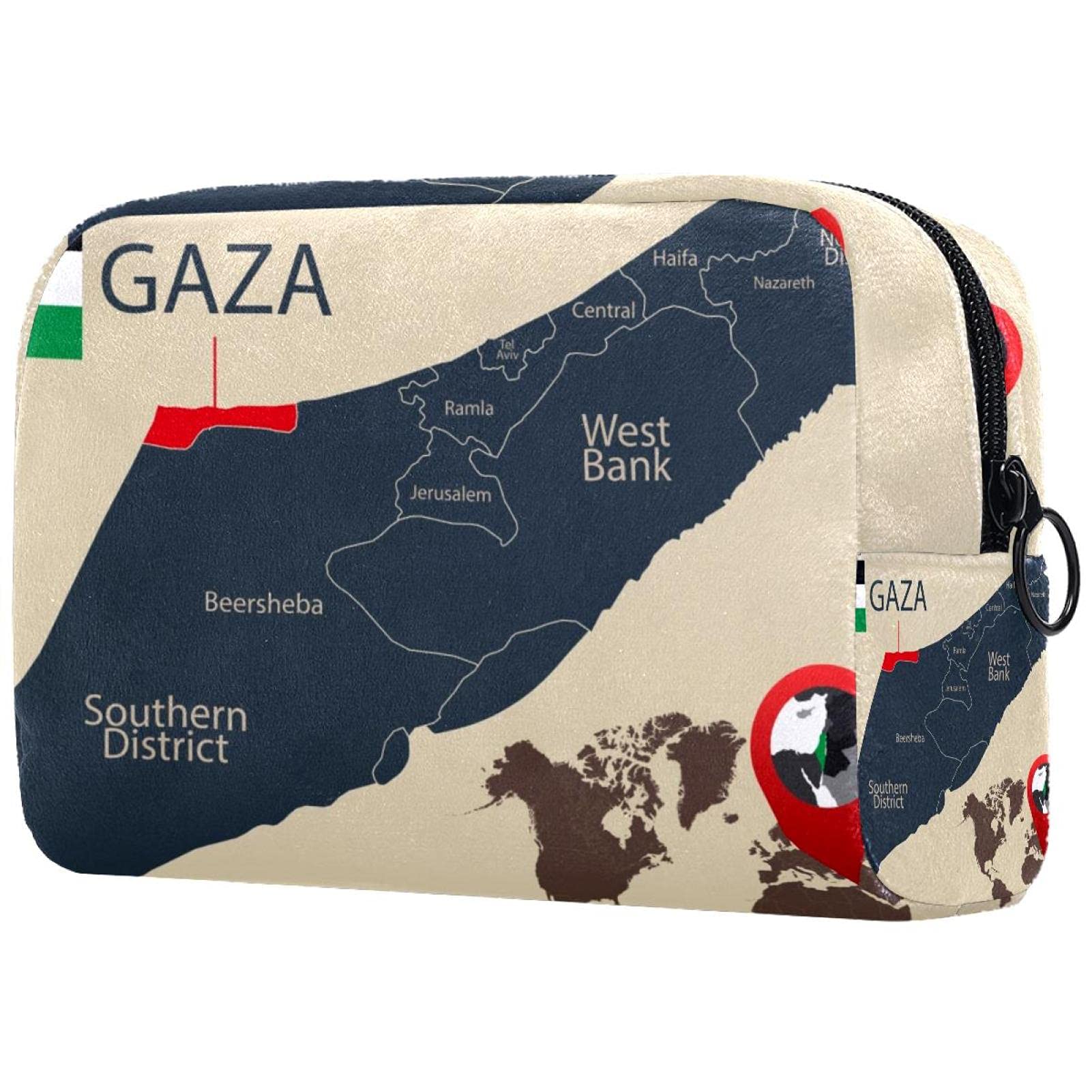 Large Travel Makeup Bag with Israel & Gaza Strip Map - Zippered Cosmetic Organizer for Women & Girls | Portable Toiletry Case for Vacation, Gym, Work