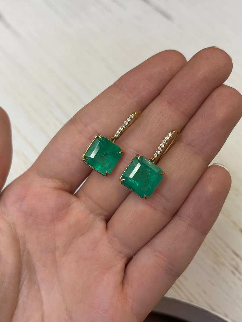 16.80tcw 18K Yellow Gold Dark Green Colombian Emerald and Diamond Lever Back Earrings for Women - Perfect for Weddings, Parties & Special Occasions