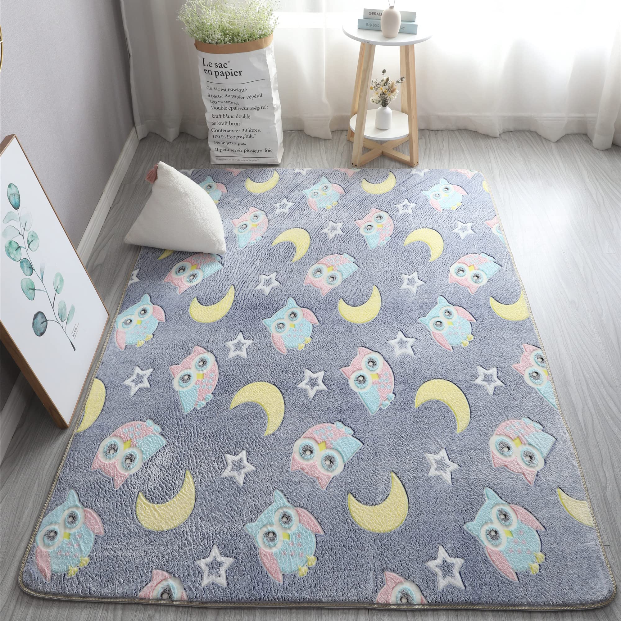 Glow in The Dark Area Rug - Soft Washable Modern Indoor Carpet for Bedroom, Living Room, Kids Room & Dorm Decor - Non-Slip Luminous Floor Mat (3.3x5.2 Feet, Grey Owl) - Perfect for Nighttime Safety, Nursery Accent & Cozy Home Atmosphere