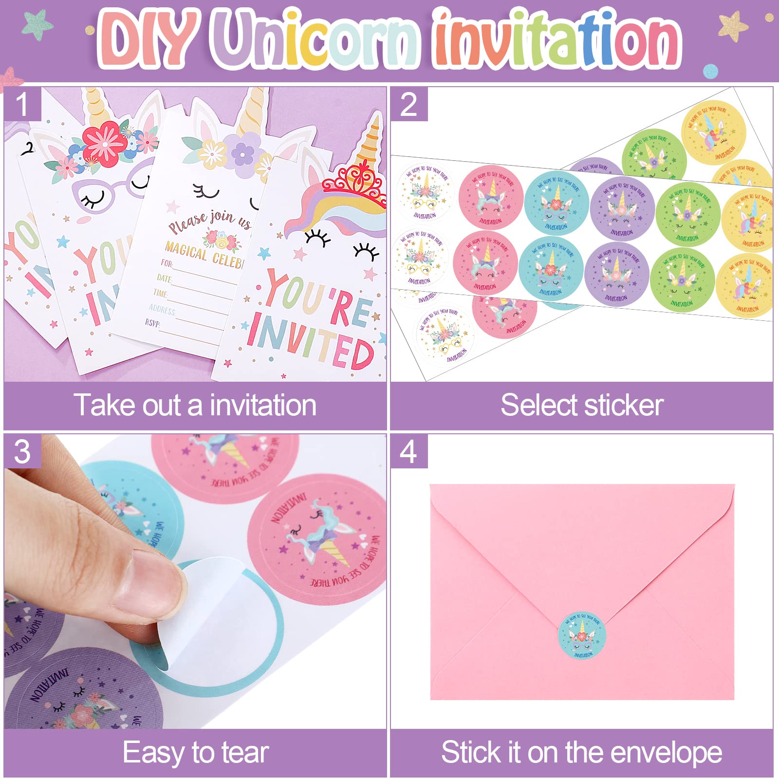 24 Sets Mermaid Birthday Invitations with Envelopes & Stickers - Unicorn Butterfly Rainbow Teapot Elephant Themed Party Supplies for Kids Birthday, Baby Shower, Pool Party - Perfect for Mermaid Themed Decorations & Underwater Fantasy Celebrations