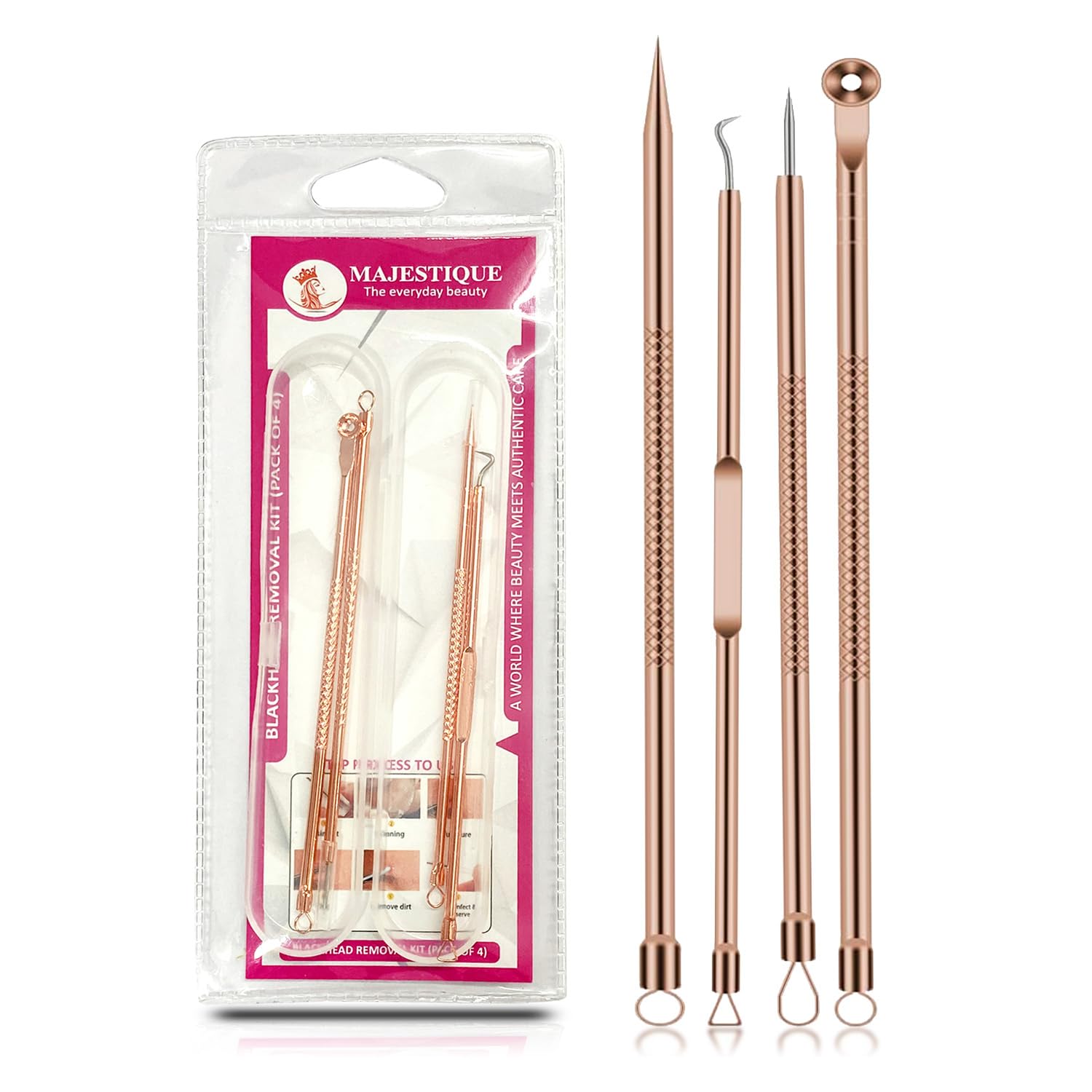 Majestique 4-Piece Blackhead Remover Kit - Stainless Steel Pimple Extractor Tool for Nose & Face - Whitehead & Blackhead Removal for Men & Women - CMB530 - Perfect for Home Skincare & Spa Treatments