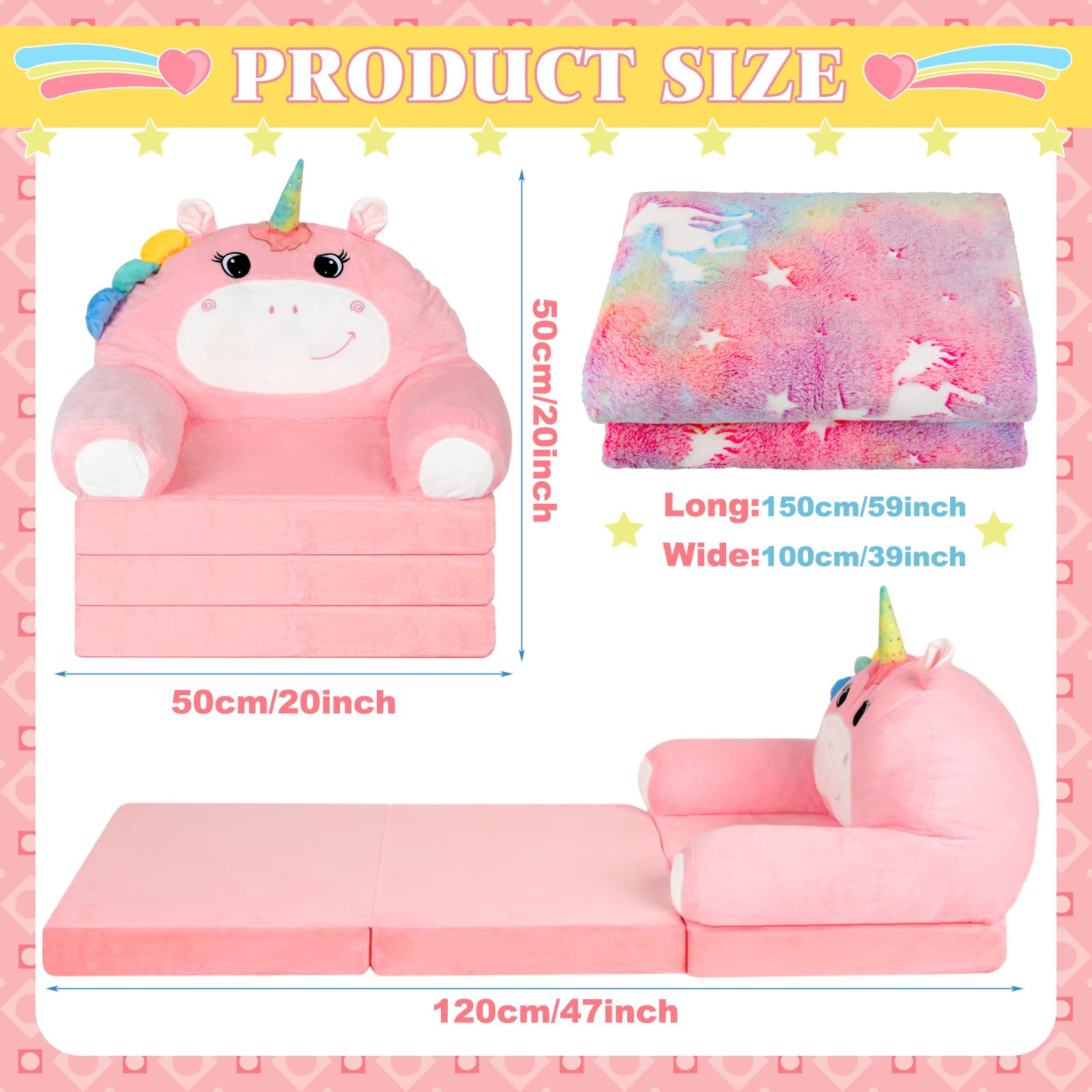 **Unicorn Toddler Chair 2-in-1 Convertible Sofa to Lounger - Foldable Kids Couch with Soft Velvet Blanket, Comfy Pink Toddler Furniture for Playroom & Nursery**