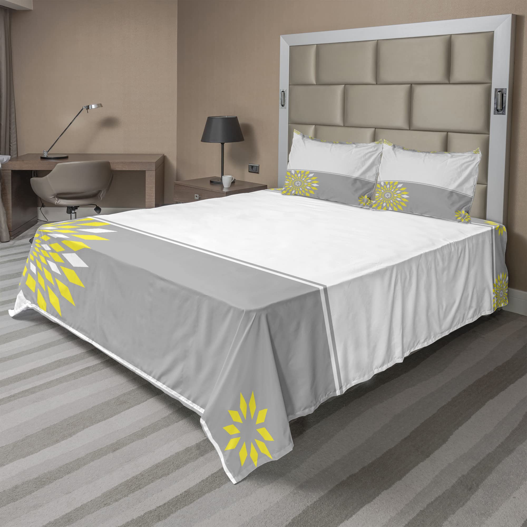 Ambesonne Grey and Yellow 4-Piece King Sheet Set - Modern Futuristic Geometric Floral Border, Fitted & Flat Sheets with Pillowcases - Pale Grey Marigold Bedding for Contemporary Bedrooms