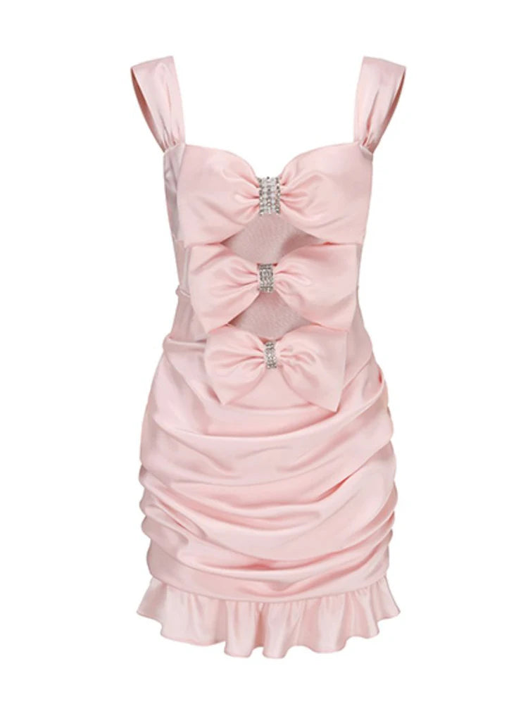 Elegant Backless Patchwork Bowknot Camisole Dress for Women - Square Collar, Sleeveless, High Waist with Diamond Spliced Folds - Perfect for Summer Parties, Date Nights & Beach Vacations