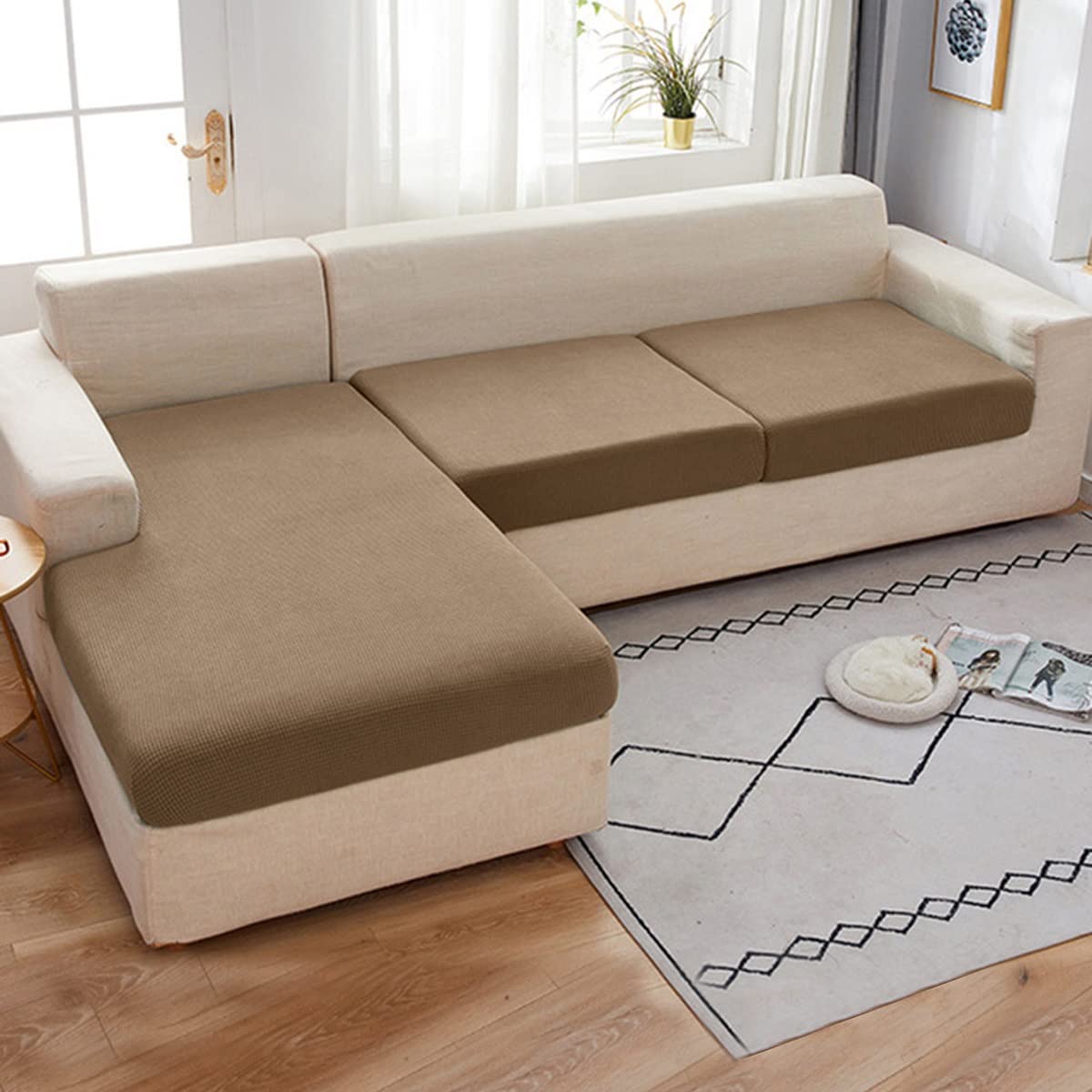 Stretchable L-Shaped Sectional Sofa Slipcover - Elastic Bottom Couch Cover for 1-4 Seater, Sofa Protector (65-95cm x 65-95cm) - Perfect for Living Room, Family Room & Home Theater Comfort
