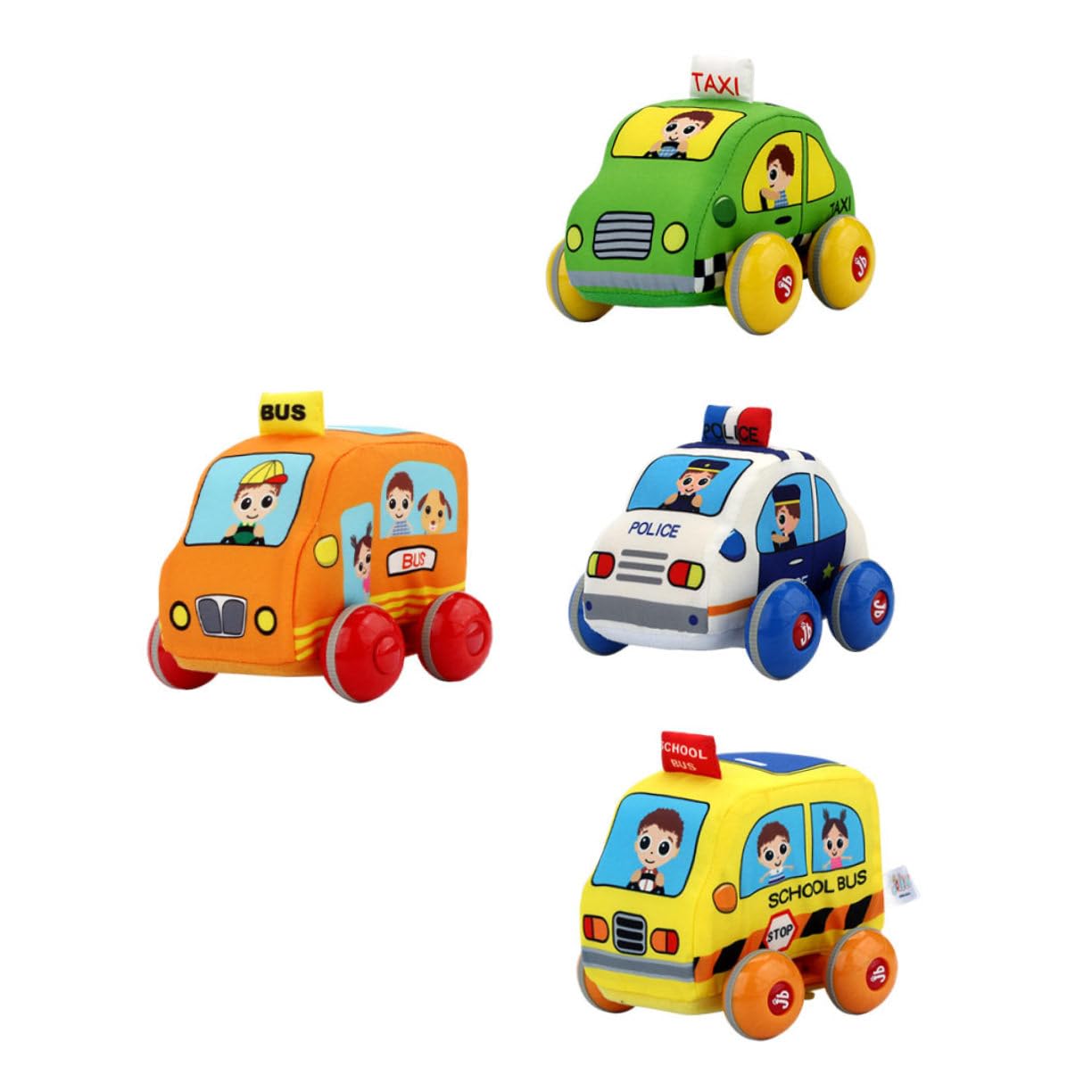Vaguelly 4-Piece Fabric Pull-Along Cartoon Vehicle Toy Set for Toddlers - Early Learning Car Toys with Fraction Design - Perfect for Playtime, Cognitive Development & Road Trip Entertainment