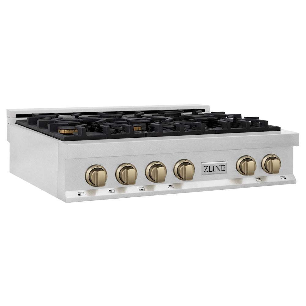 ZLINE Autograph Edition 36-Inch 6-Burner Gas Rangetop with Porcelain Cooktop - Satin Stainless Steel & Champagne Bronze Accents (RTSZ 36 CB) | Professional Kitchen Stove for Home Chefs & Cooking Enthusiasts
