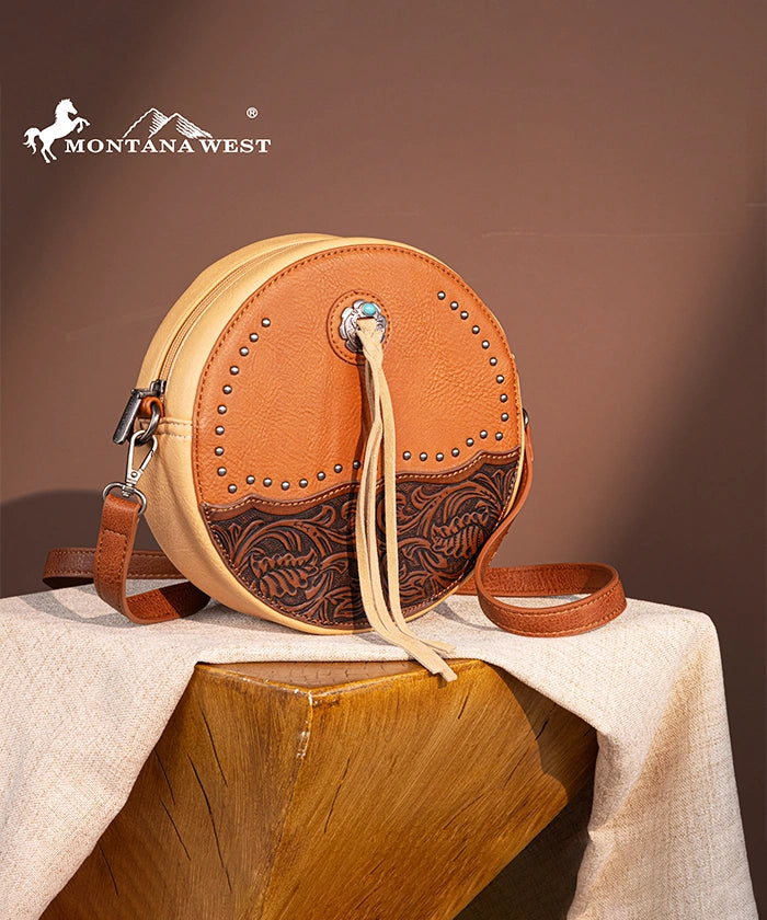 Montana West Tooled Leather Circle Crossbody Bag for Women - Stylish Boho Shoulder Purse for Everyday Use, Travel & Shopping