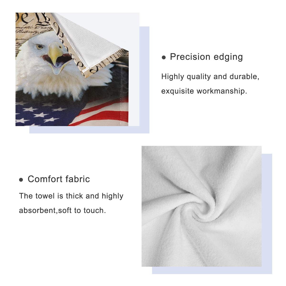 Blueangle Bald Eagle American Flag Style 3 Piece Towel Set - 100% Cotton, Soft & Absorbent, Quick Dry, Durable Bath Towels for Bathroom, Pool, Gym & Outdoor Use