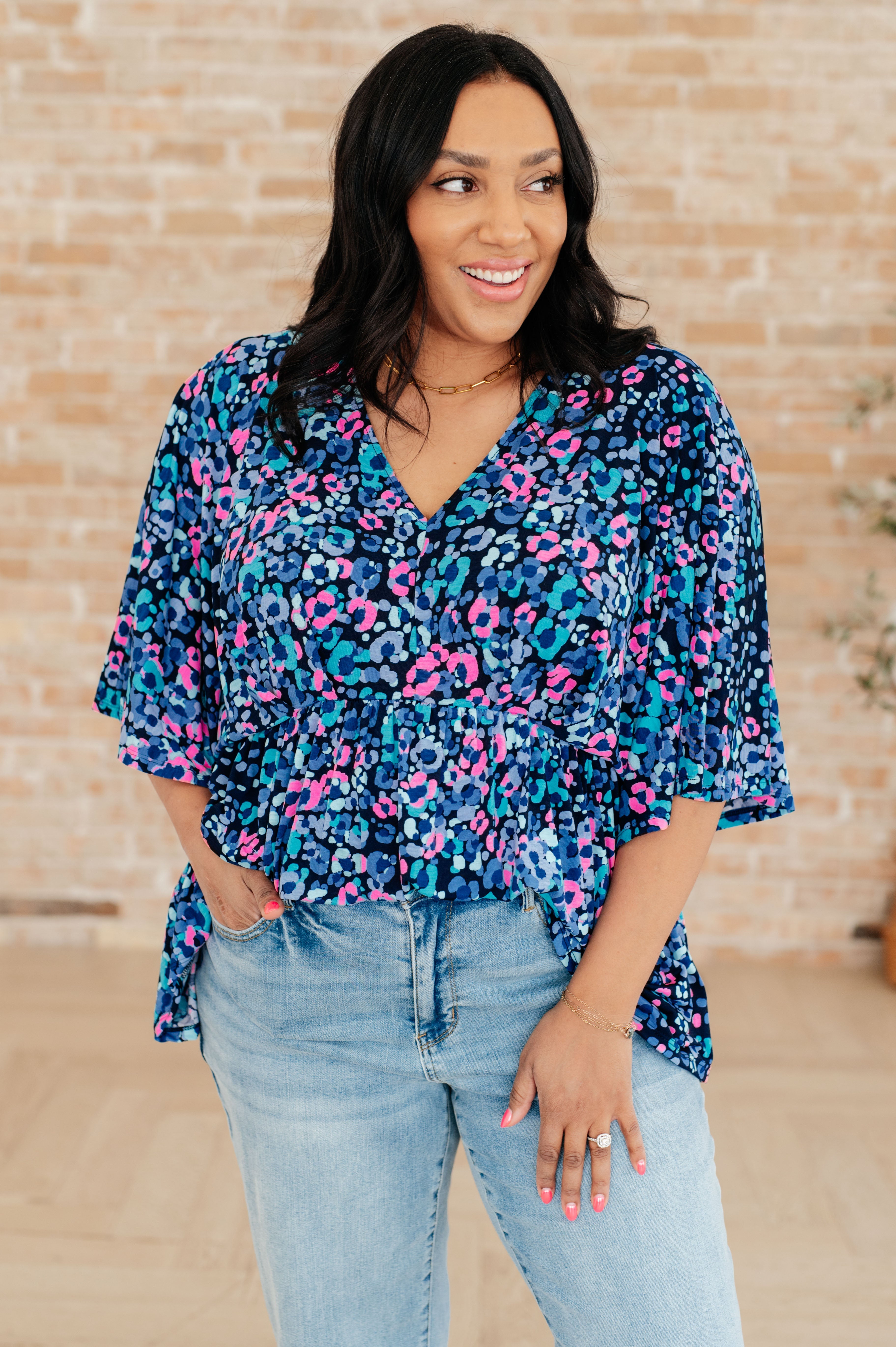 Dear Scarlett Navy & Lavender Animal Print Peplum Top for Women - Stylish Blouse for Party, Date Night & Casual Outfits