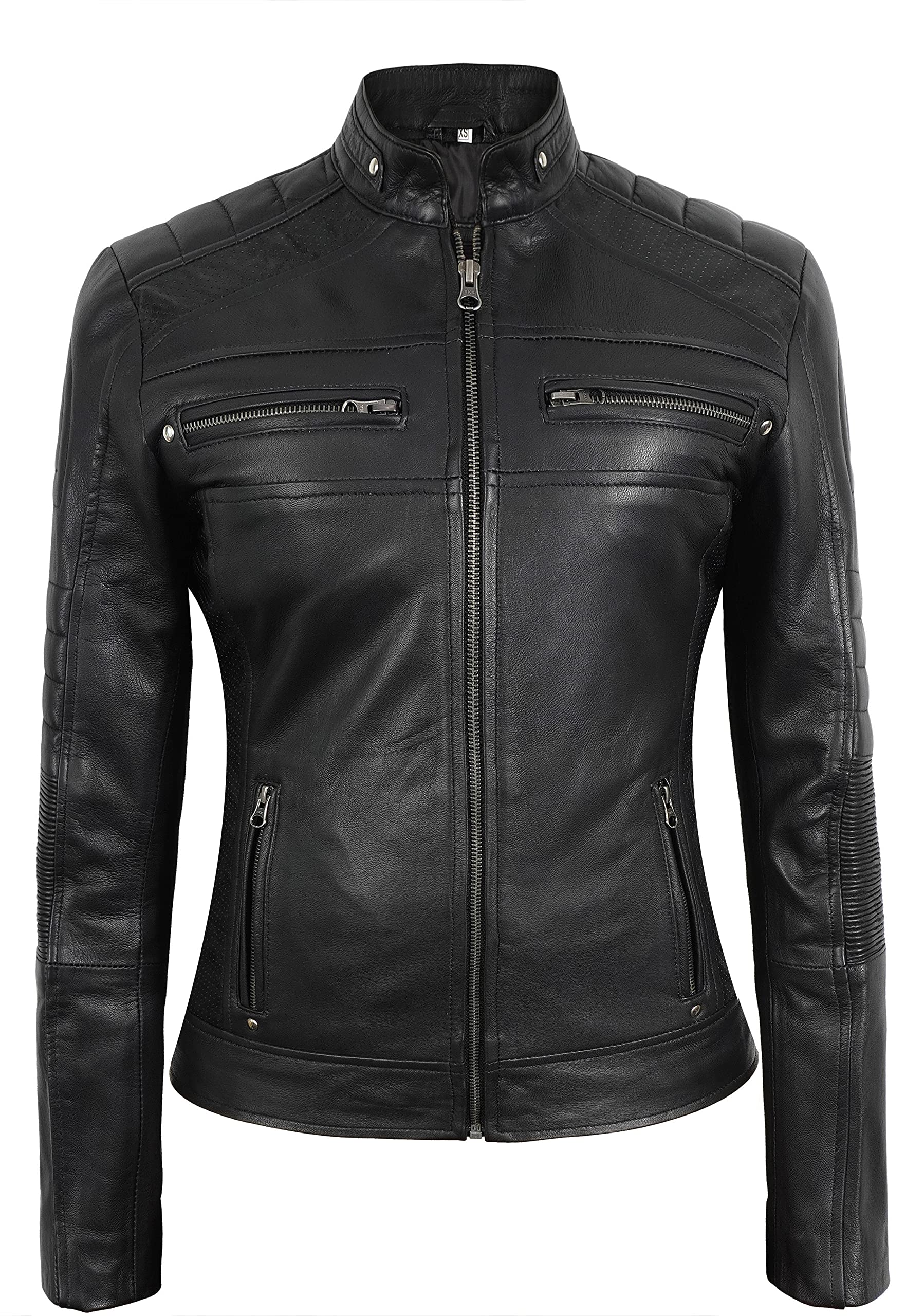 SpazeUp Women's Black Asymmetrical Cafe Racer Motorcycle Jacket - Genuine Leather Biker Jacket for Women | Stylish Outerwear for Riding, Night Out & Casual Wear