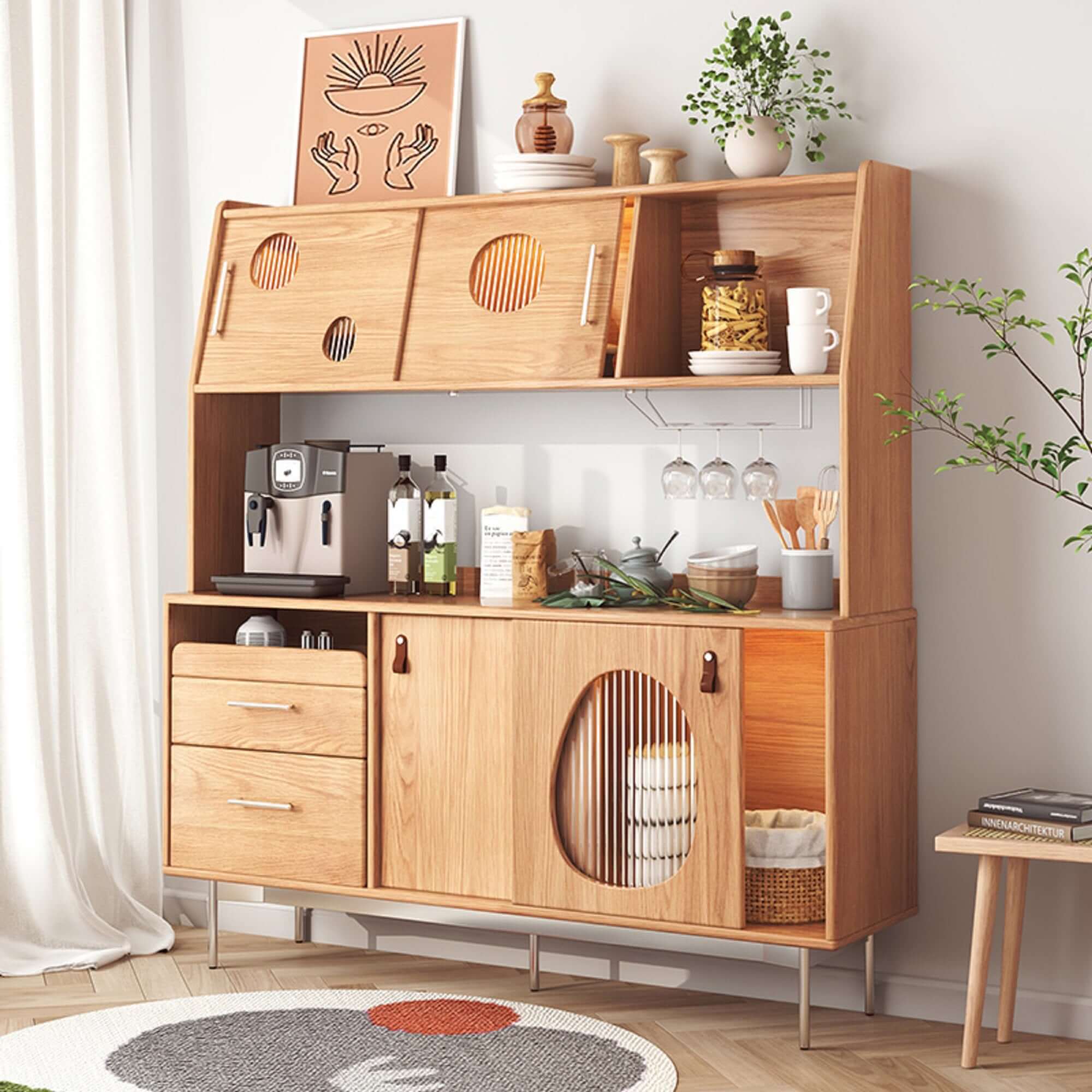 Large Capacity Wooden Kitchen Sideboard with Wine Cabinet - 2-Tier Storage for Dining Room & Living Room Organization