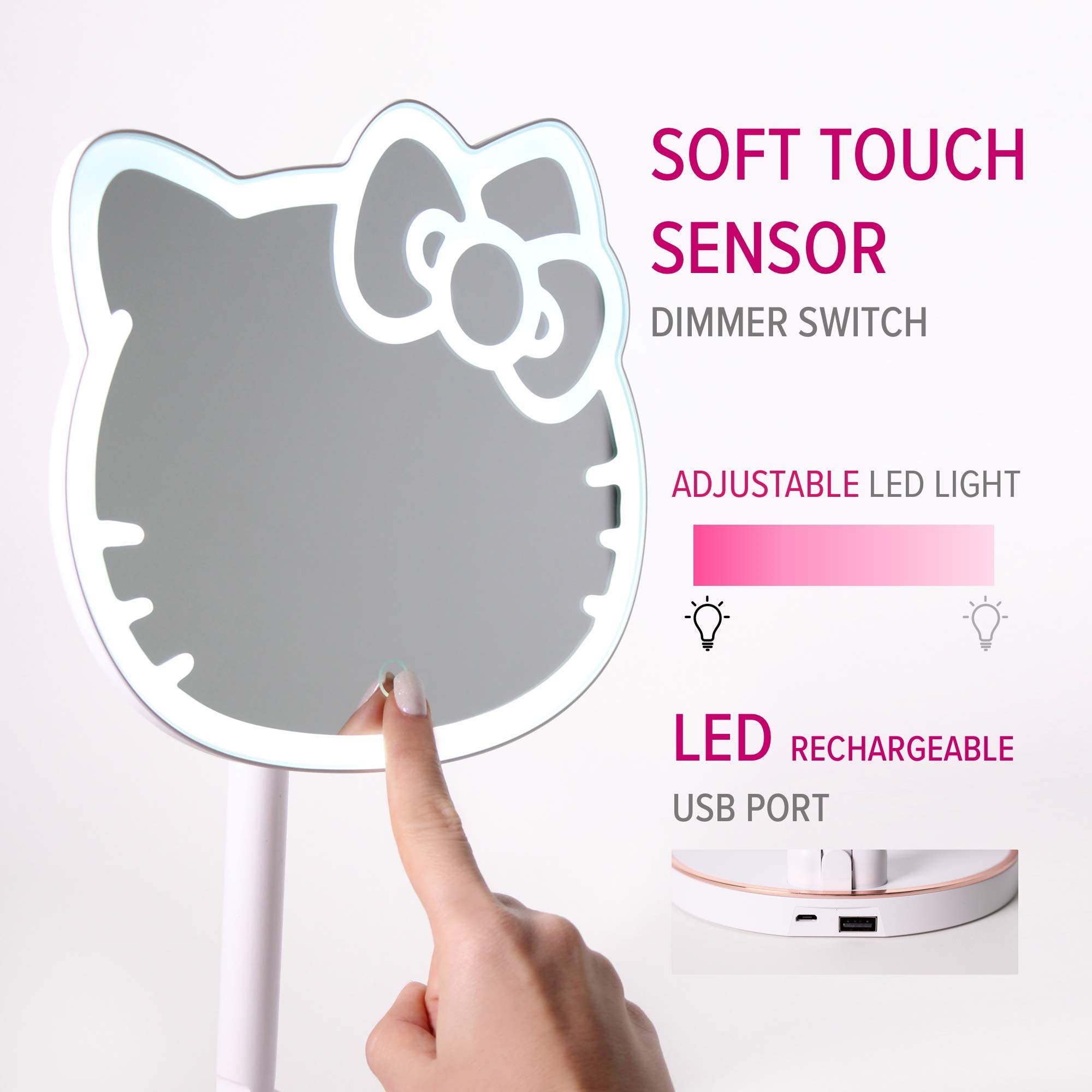 Hello Kitty LED Makeup Mirror with 360° Rotation & Touch Sensor - Rechargeable Vanity Mirror with Adjustable Brightness & Light Strip for Home, Bedroom, and Travel Beauty Routine