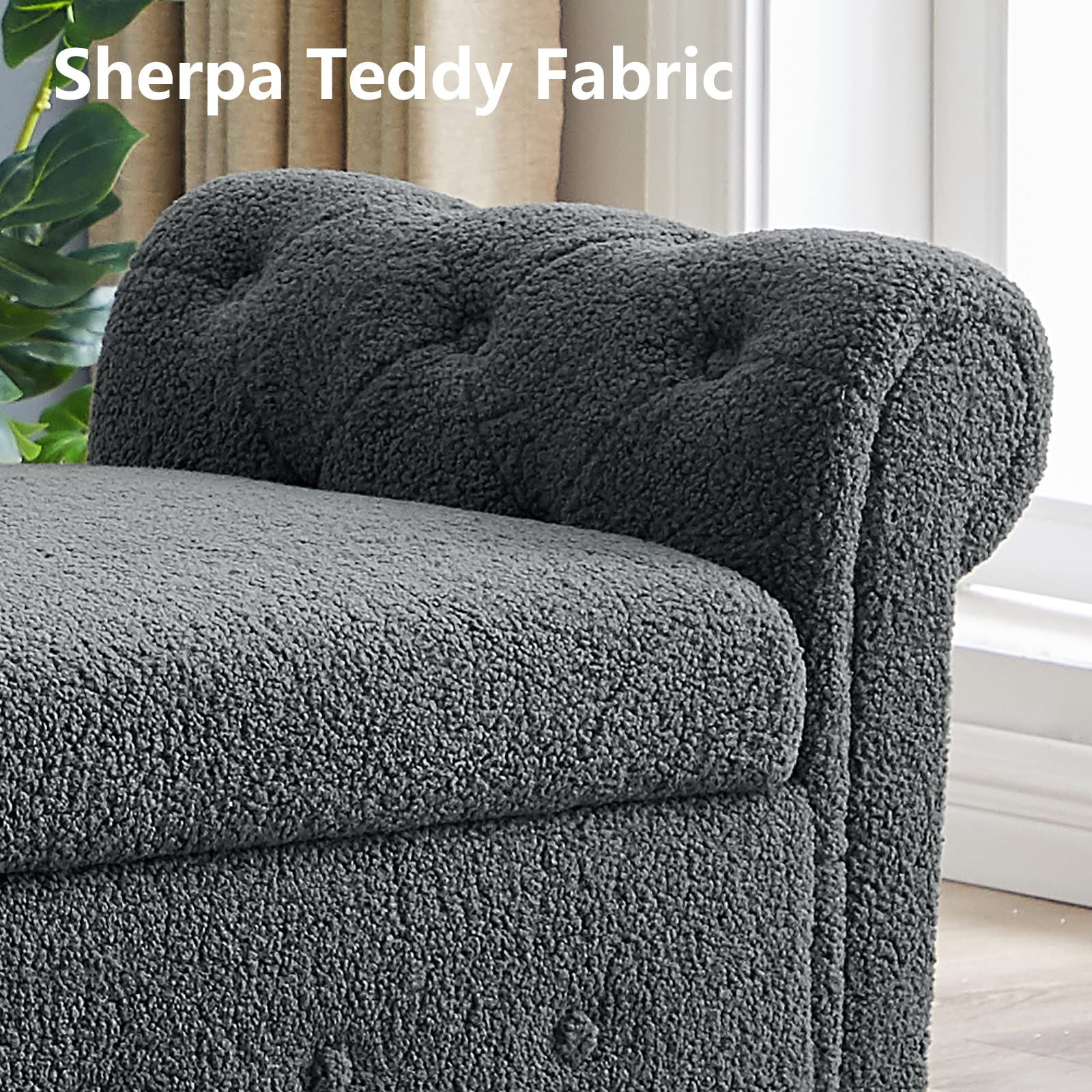 Aoowow Storage Bench with Rolled Arms - Teddy Fabric Ottoman for Bedroom, Living Room, End of Bed - Multi-Functional Seat & Toy Storage (Grey) - Perfect for Window Seating, Fireplace Lounging & Home Organization