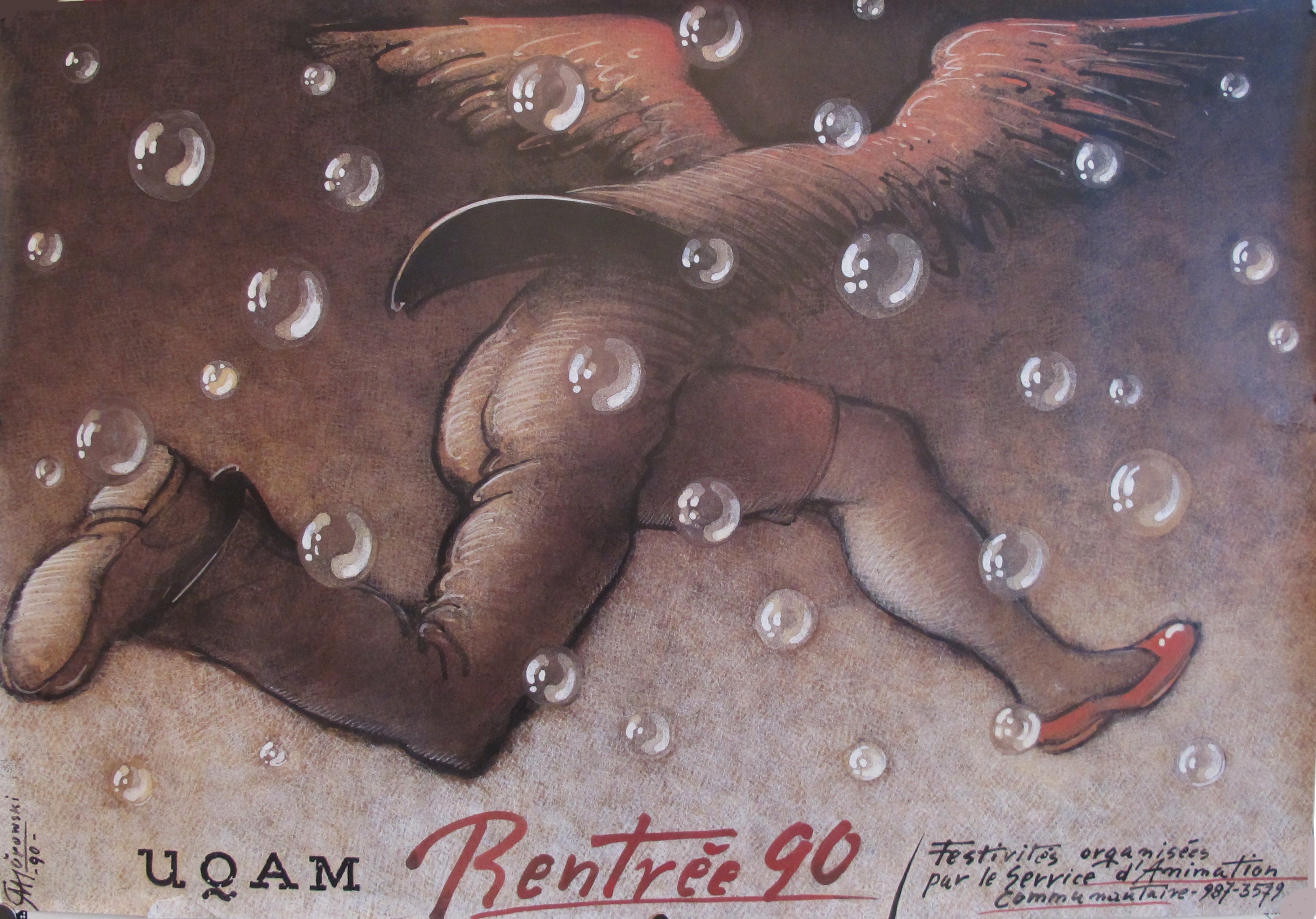 Vintage 1990 Quebec UQAM Rentrée 90 Poster - Running With Wings Horizontal Art Print - Perfect for Home Decor, Office Wall Art & Retro Collectibles
