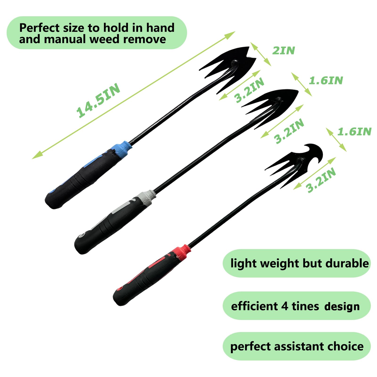 3pc Garden Weed Puller Tool with Rubber Handle - Manual Weeder for Lawns & Gardens