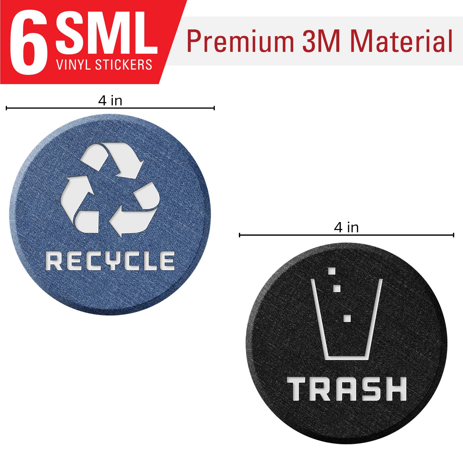 6 Pack Recycle and Trash Bin Stickers - 4 Inch Round Vinyl Labels for Home, Kitchen, Office - Waterproof UV Protected Decals for Waste Sorting - Perfect for Garbage Cans, Recycling Bins & Compost Bins (Denim Blue) - Ideal for Home Organization & Eco-Friendly Waste Management