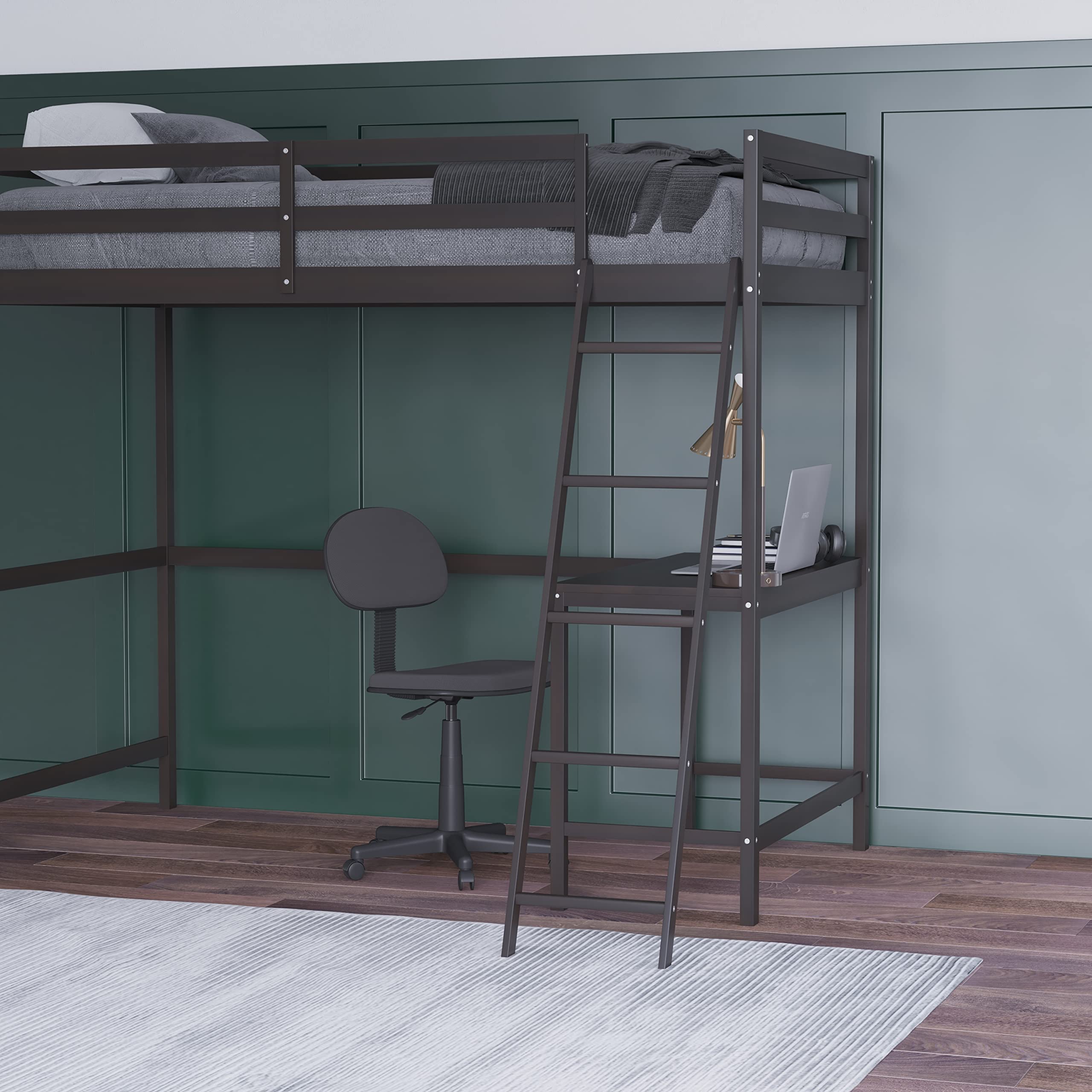 Emma & Oliver Ridley Twin Size Loft Bed Frame with Desk - Solid Pine Wood in Espresso Finish - Safety Guardrails - Fits 6-8