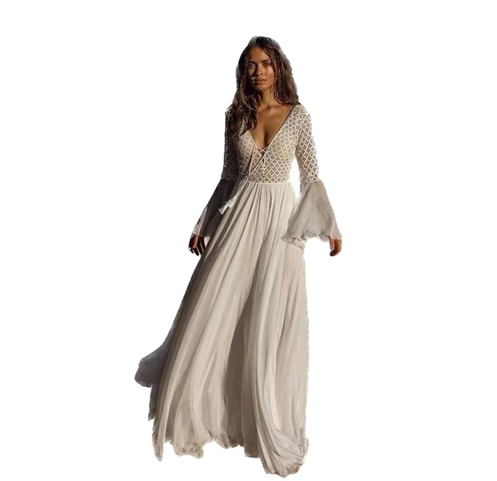 Sexy Boho Wedding Dress - A-Line V-Neck Chiffon Maxi Gown with Long Sleeves | Perfect for Beach, Garden & Bohemian Weddings