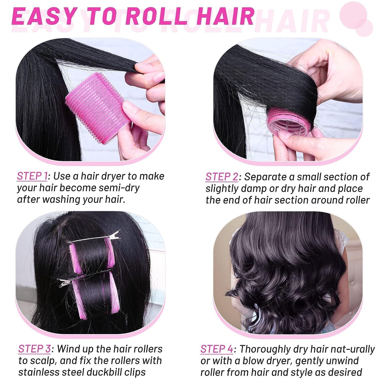 SPOKEN 6Pcs Jumbo Hair Rollers Set - Self Grip Curlers with Stainless Steel Duckbill Clips for Long & Medium Hair - Perfect for Women & Girls Salon Styling, Home Use & Party Hairstyles
