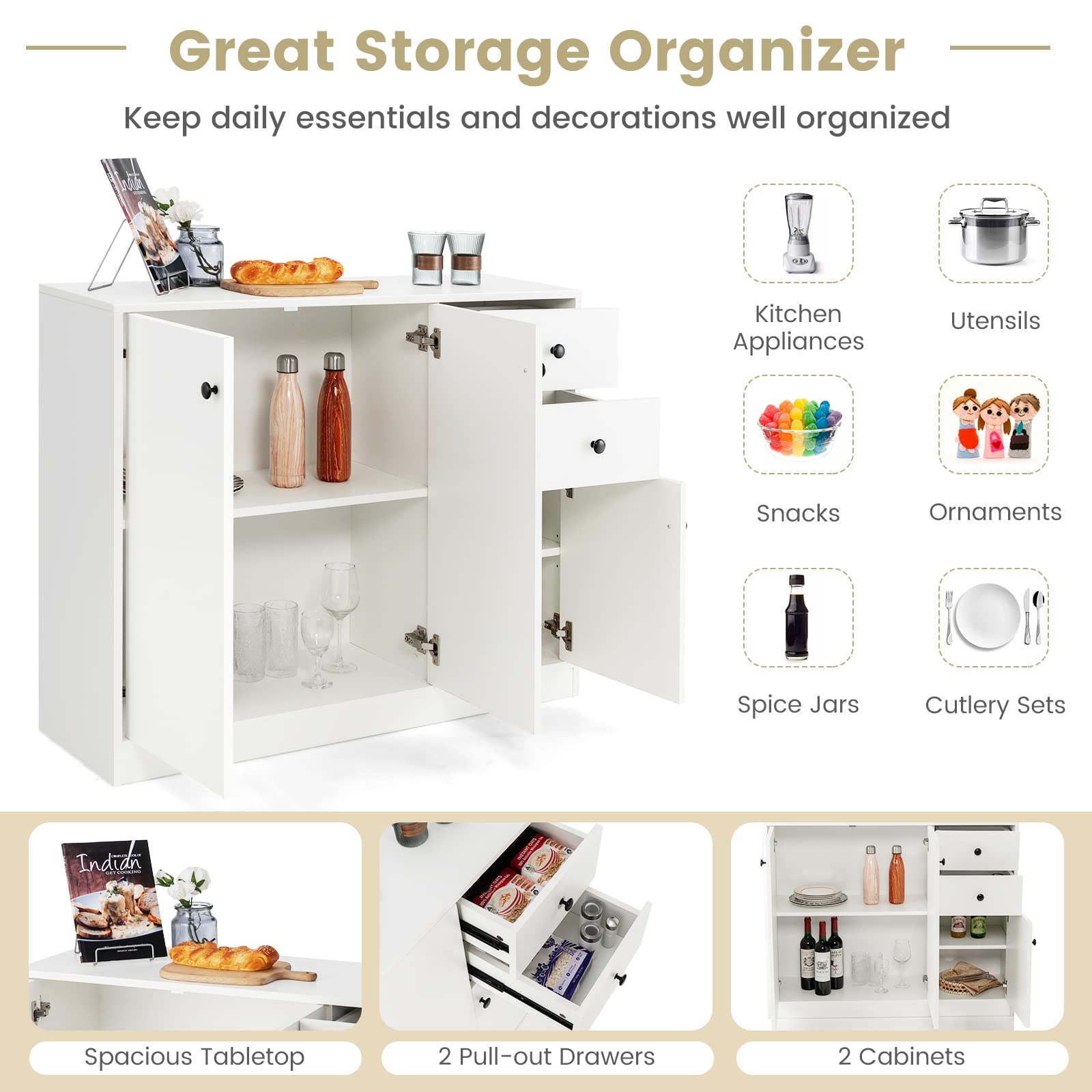 Modern White Buffet Cabinet with Storage Cabinets & Drawers - Kitchen Sideboard, Coffee Bar Server, Entryway Console Table for Living & Dining Room - Perfect for Home Organization & Entertaining Guests
