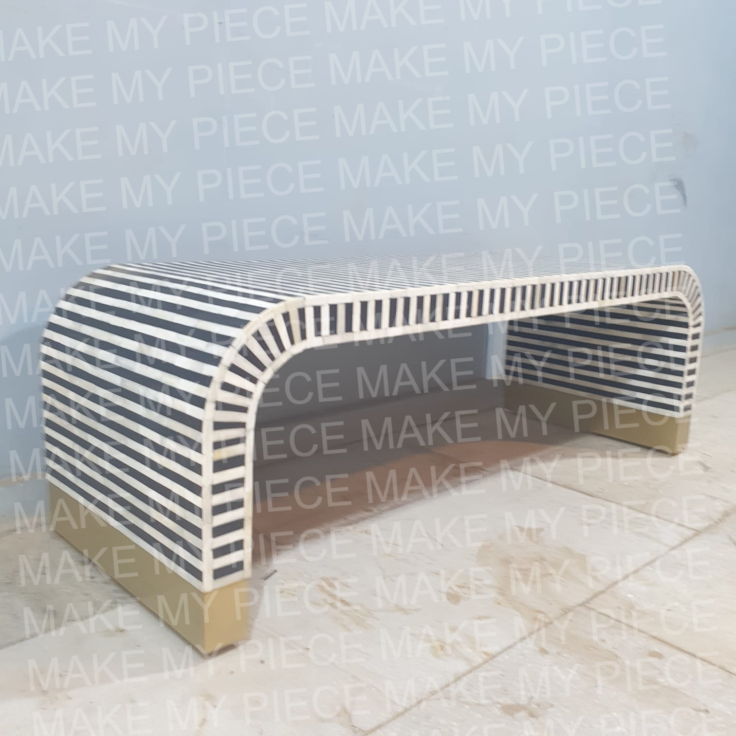 Handcrafted DANIELLE Bone Inlay Waterfall Coffee Table - Solid Wood with Strip Pattern - Perfect for Boho & Eclectic Living Room Decor