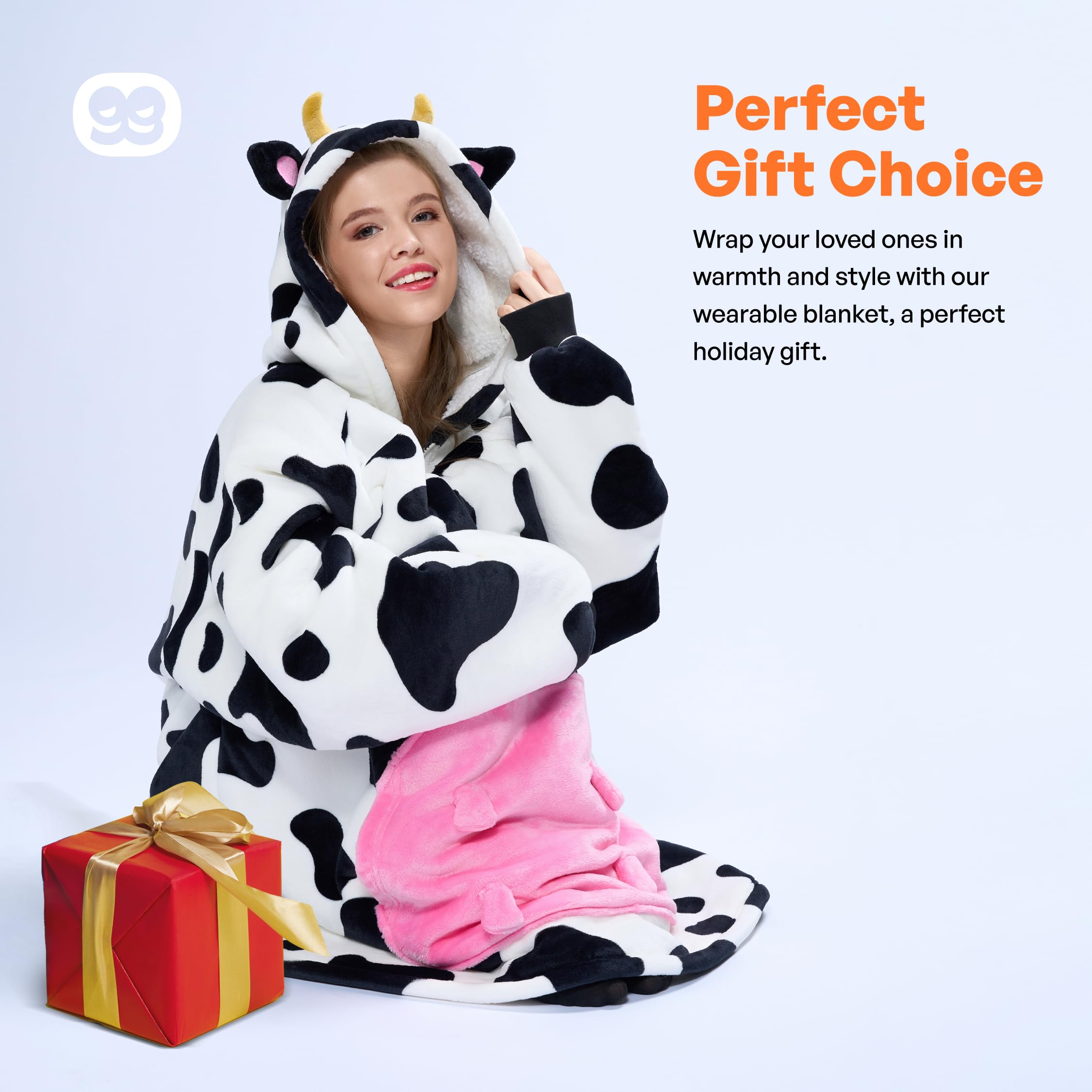 Giggling Getup Cow Wearable Blanket Hoodie - Oversized Soft Sherpa Fleece Hooded Blanket Sweatshirt for Adults - Warm Cozy Plush Flannel Blanket with Giant Pockets & Sleeves - Perfect for Lounge, Netflix Nights & Winter Comfort (Women & Men)