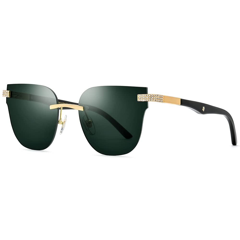 100% Real Buffalo Horn Handmade Square Rimless Sunglasses for Women - Luxury Diamond-Embellished UV Protection Shades for Beach, Driving & Outdoor Fashion
