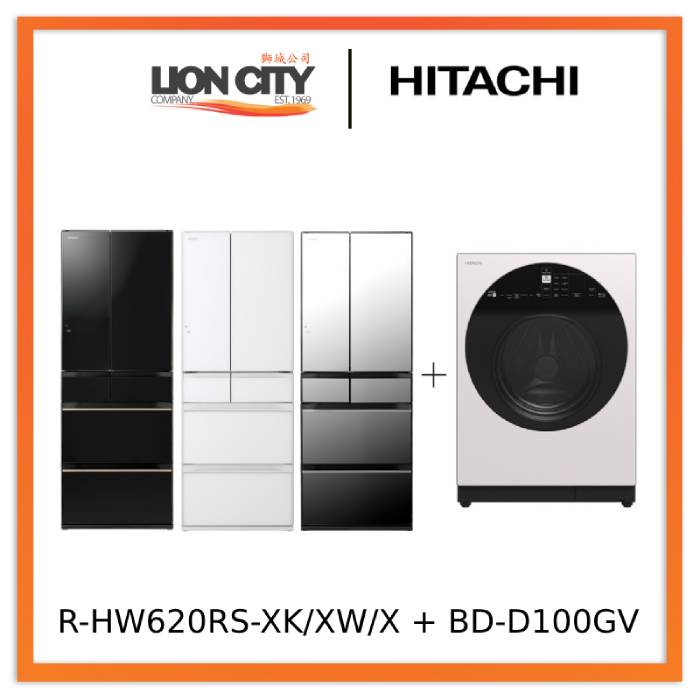 Hitachi R-HW620RS XK/XW/X 416L Multi-Door Refrigerator & BD-D100GV Front Load Washer Dryer Combo with AI Wash Inverter (10/7KG) - Energy Efficient Kitchen Appliances for Modern Homes