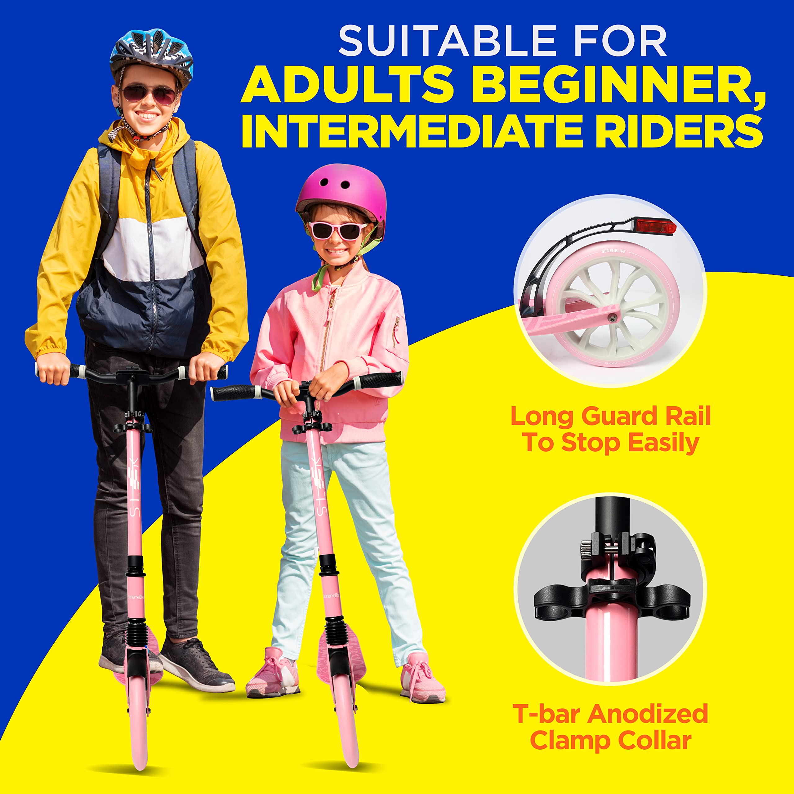 SereneLife Adjustable Kick Scooter for Adults, Teens & Kids - 2-Wheel Folding Scooter with Anti-Slip Alloy Deck & T-Bar Handlebar - Portable Design with Carrying Strap - Perfect for Commuting, School, Park Rides & Outdoor Fun
