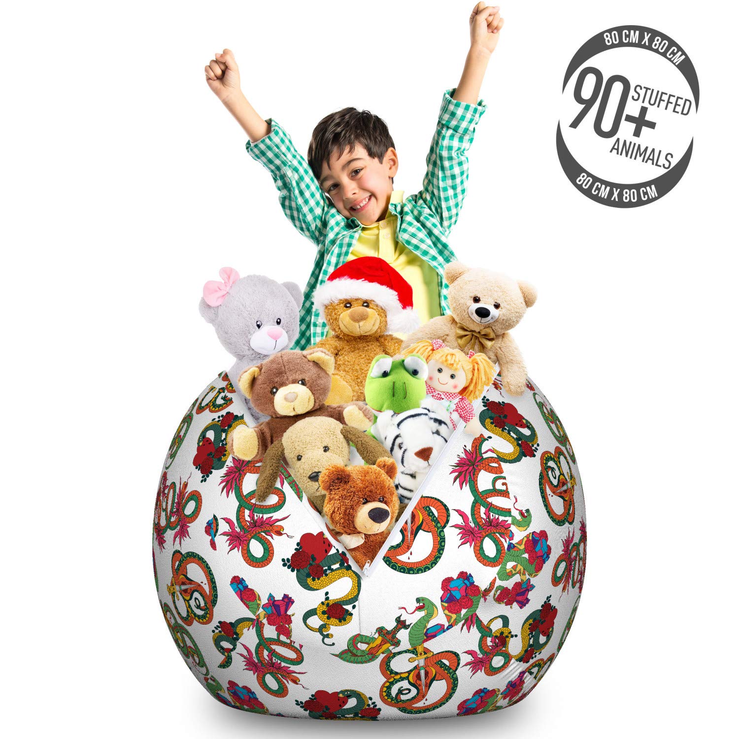 Ambesonne Dragon Toy Storage Bag Chair - Large Washable Stuffed Animal Organizer with Colorful Japanese Reptile & Floral Pattern - Perfect for Kids' Room, Playroom, and Nursery Organization