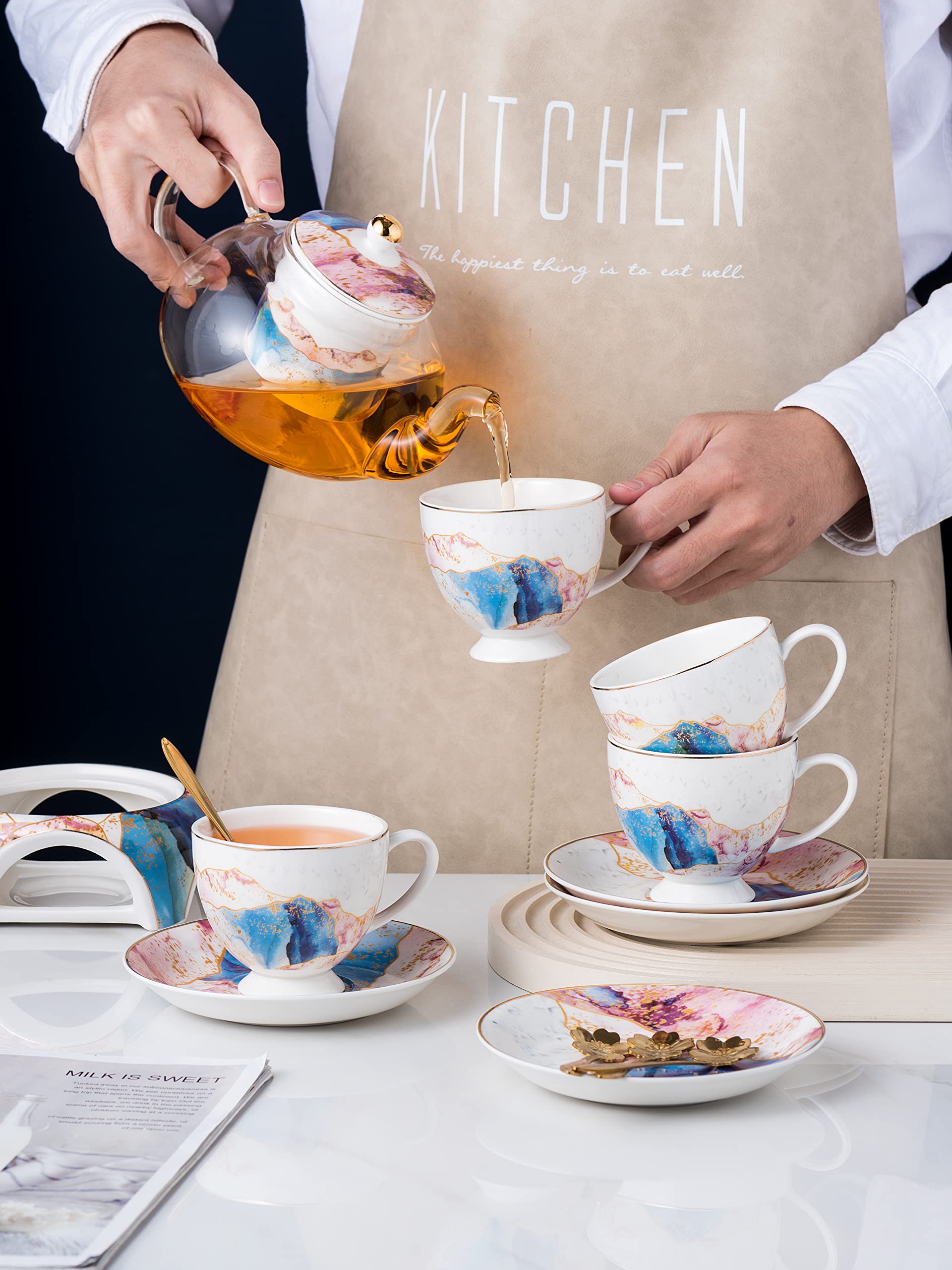 Jusalpha Fine China Rainbow Galaxy Series 16-Piece Glass Tea Set with Infuser, Warmer, Teacups, Saucers & Spoon - Elegant Gift Box - Perfect for Afternoon Tea, Bridal Showers & Home Decor (FD Glass Pot Set 08)