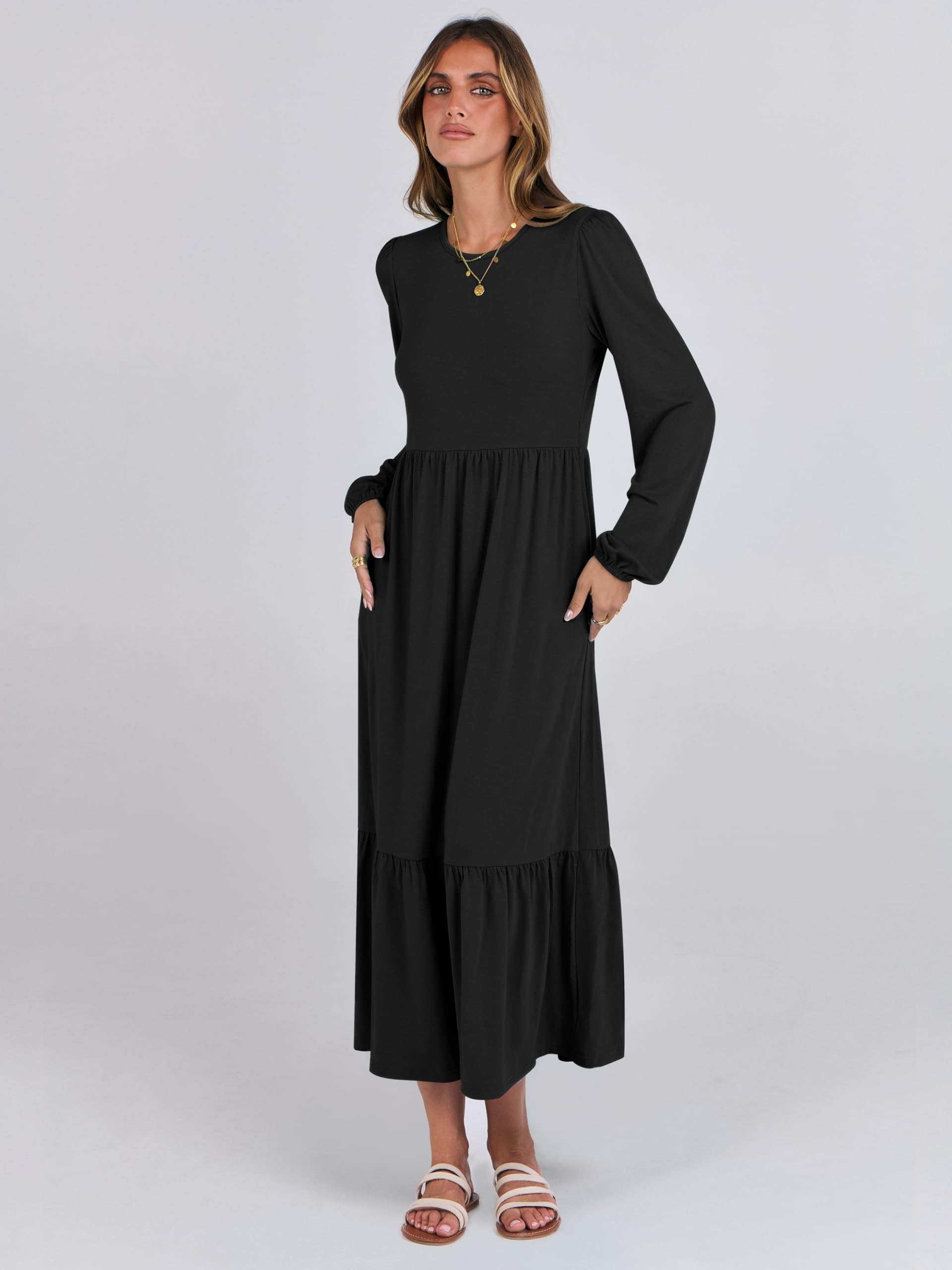 ANRABESS Women's Casual Long Sleeve Midi Dress - 2025 Spring Crewneck A-Line Tiered Flowy Loose Dress with Pockets | Trendy Everyday Wear for Office, Date Night & Spring Outfits