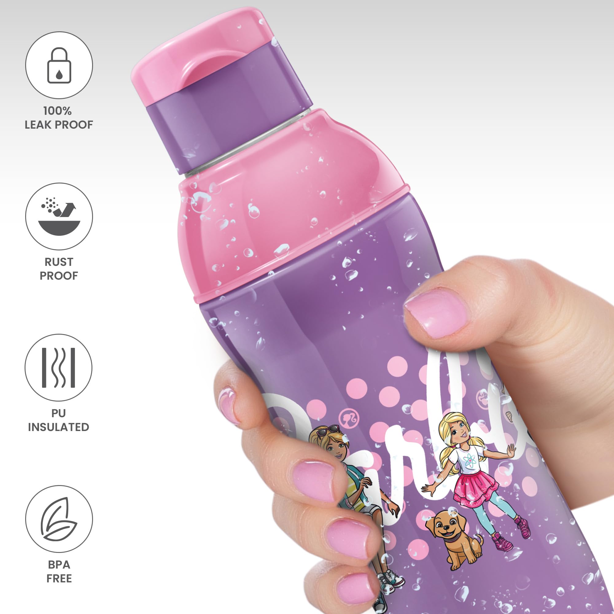 MILTON Steel Barbie 600 Insulated Stainless Steel Kids Water Bottle 520ml - Pink & Purple | Thermal Insulation for Hot & Cold Drinks | Leak Proof & Portable Design | Perfect for School, Outdoor Activities & Travel