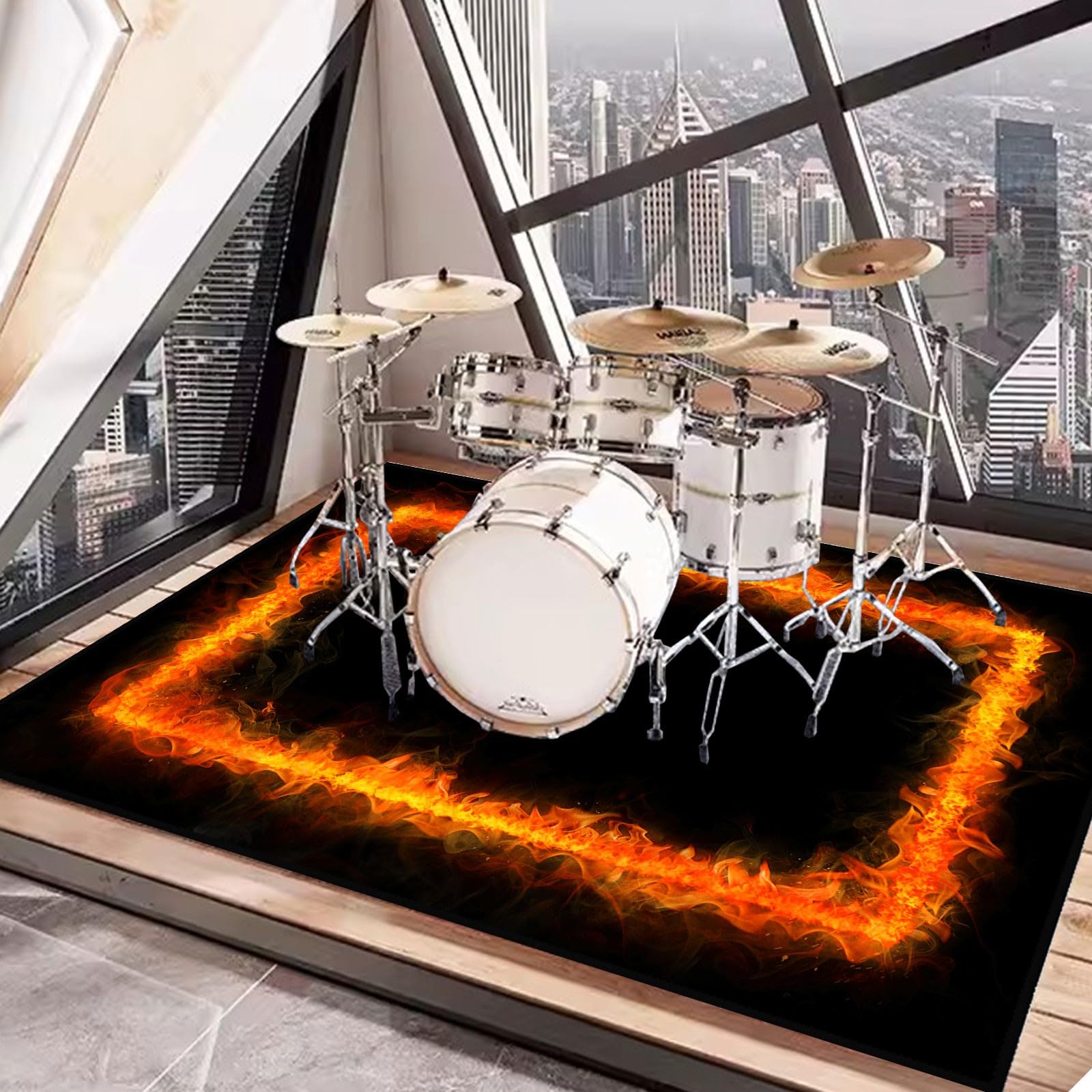 **5.2x6.6ft Drum Rug - Non-Slip Soundproof Drum Mat for Drum Set, 63x79in Electrical Drum Carpet with Flame Design - Perfect for Home Studios, Live Performances & Drum Practice (Red Flame)**