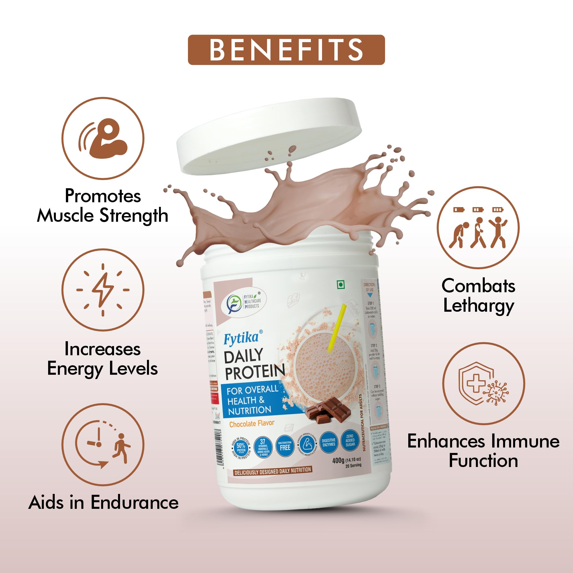 FYTIKA High Protein Powder for Adults - 50% Protein per Serving with 37 Essential Vitamins & Minerals | Chocolate Flavor | 400g Pack | Ideal for Post-Workout Recovery, Weight Management & Daily Nutrition for Men & Women