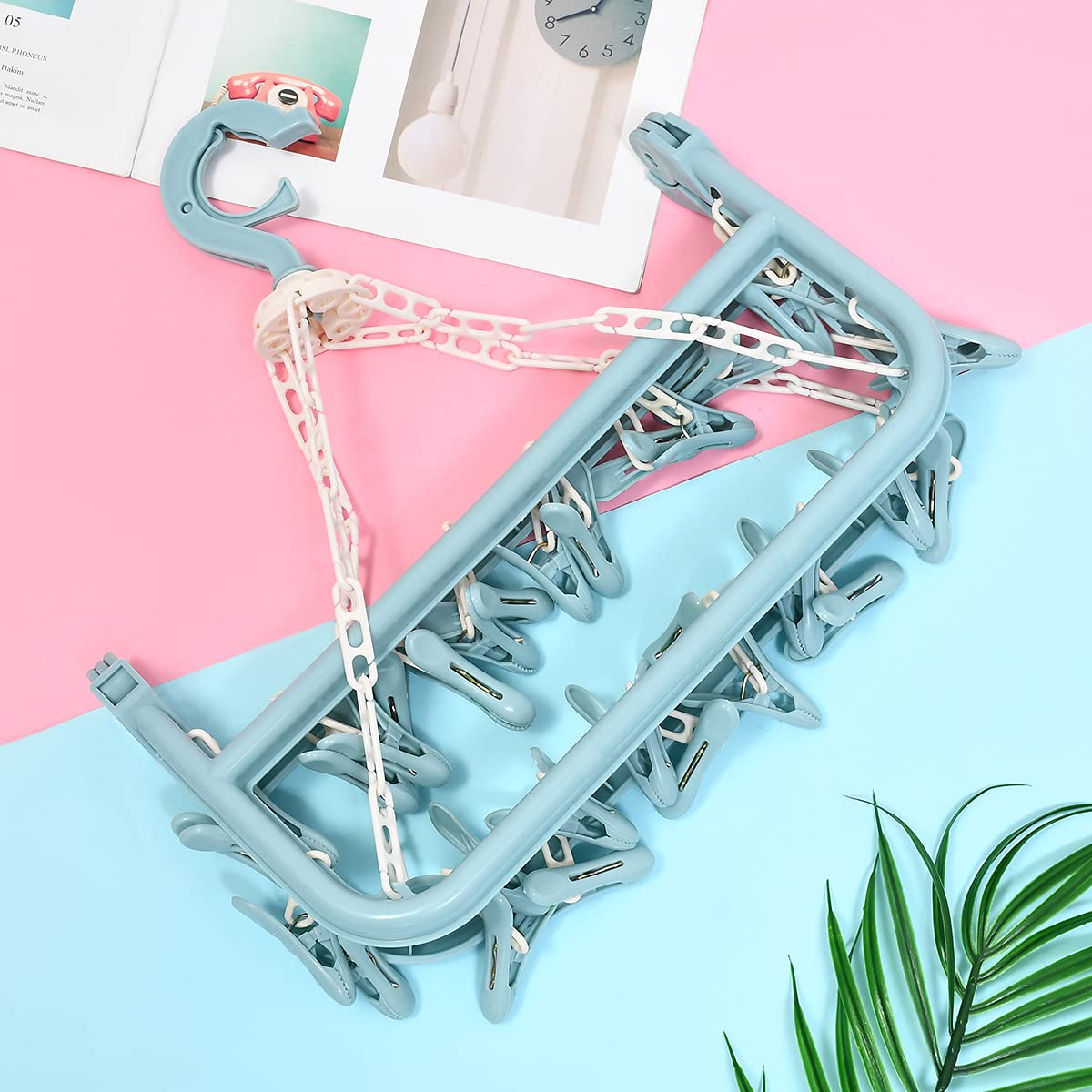 Foldable Plastic Clothes Drying Rack with 32 Clips - Windproof Laundry Hanger for Socks, Bras & Underwear | Space-Saving Drip Dry Solution for Apartments, Dorms & Travel