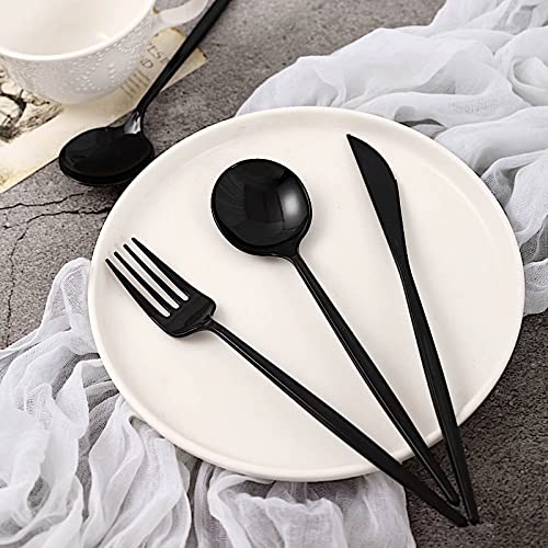 Premium Plastic Cutlery Set - 24pcs Black BalsaCircle Forks Spoons Knives for Wedding Party & Home Decor